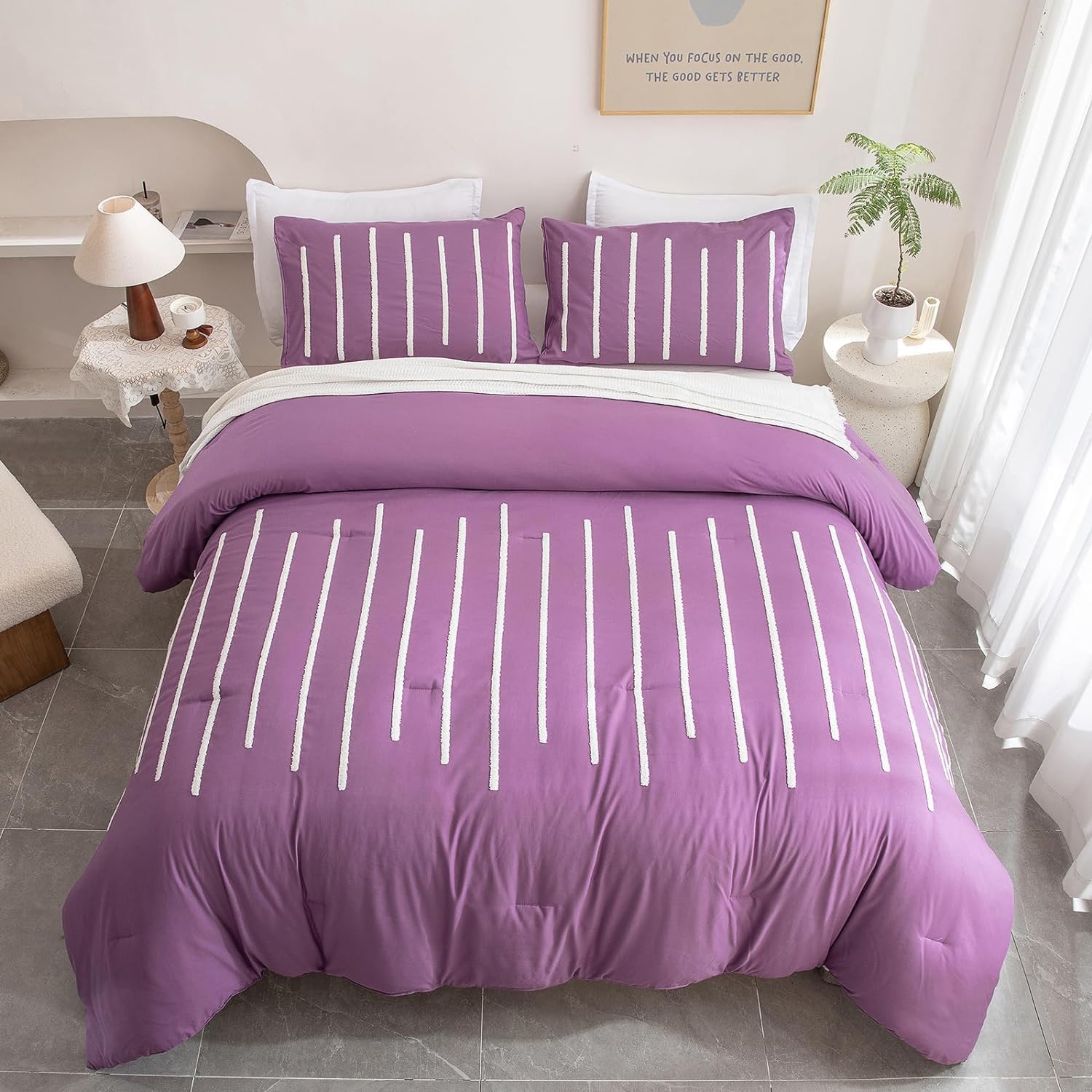 3Pcs Tufted Duvet Cover Set Purple Super King Comforter with Matching Pillows