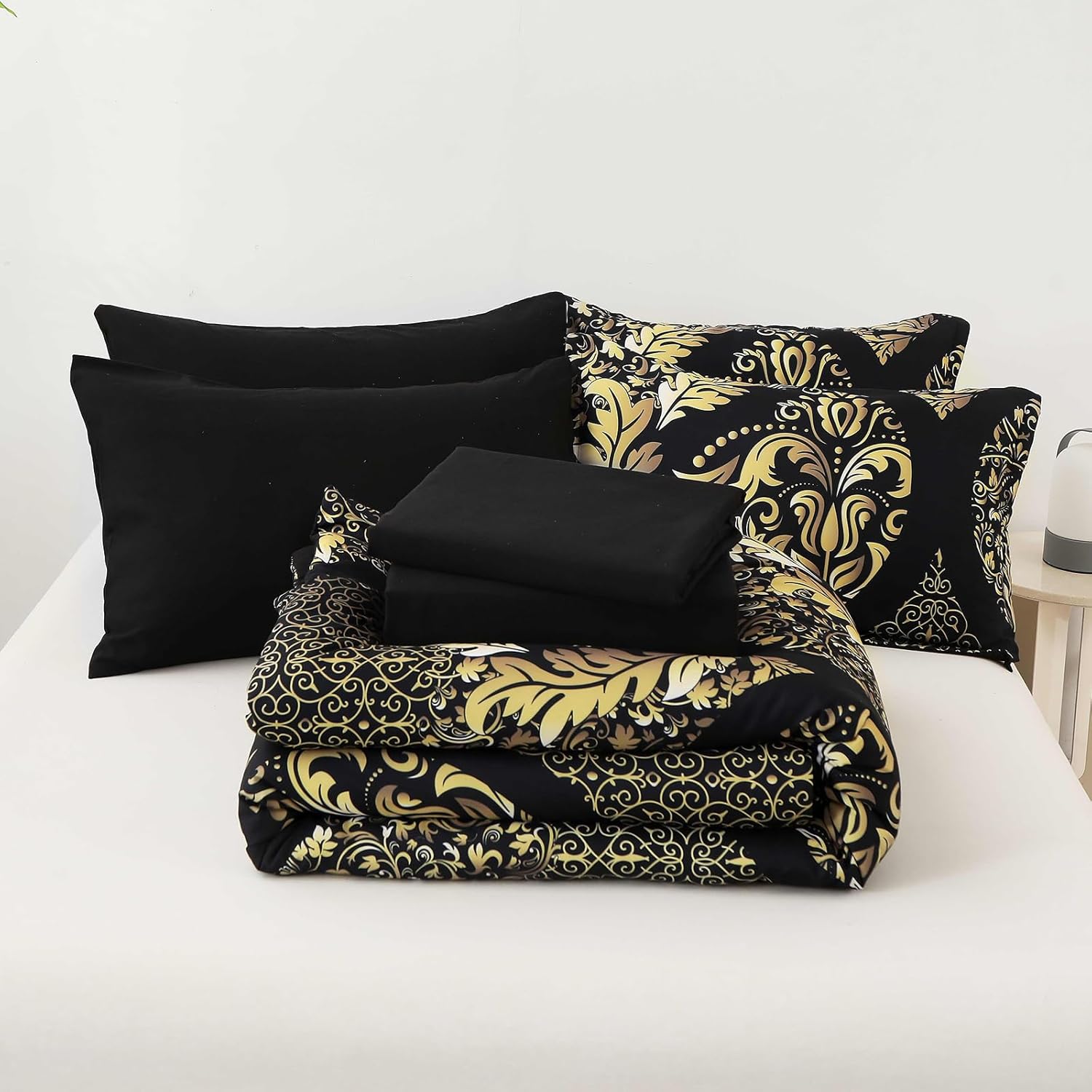 Anibedding Black Gold Damask Comforter Set California King