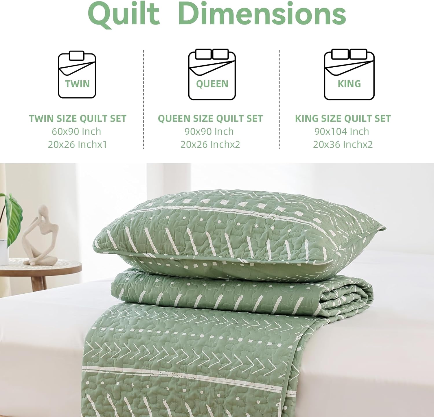 JANZAA Boho King Quilt Set 3PCS Sage Green