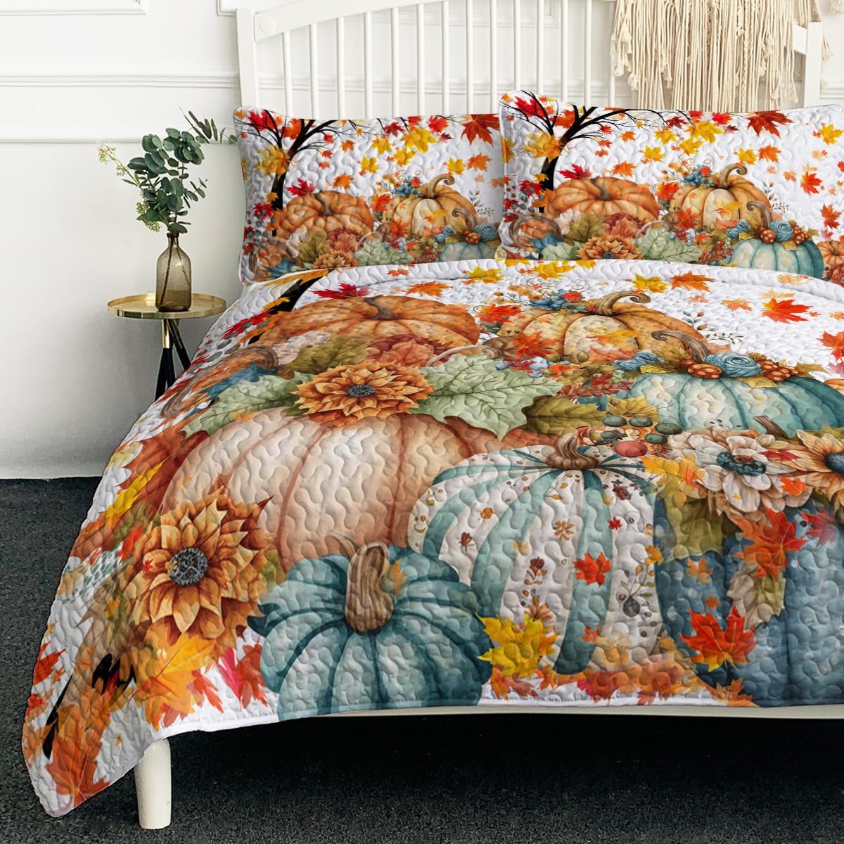 BlessLiving 3-Piece Pumpkin Quilt Set with Pillowcases