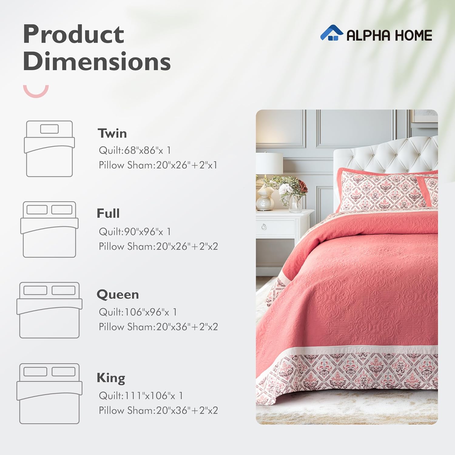 ALPHA HOME Lightweight Quilt Set - Reversible All-Season 3-Piece