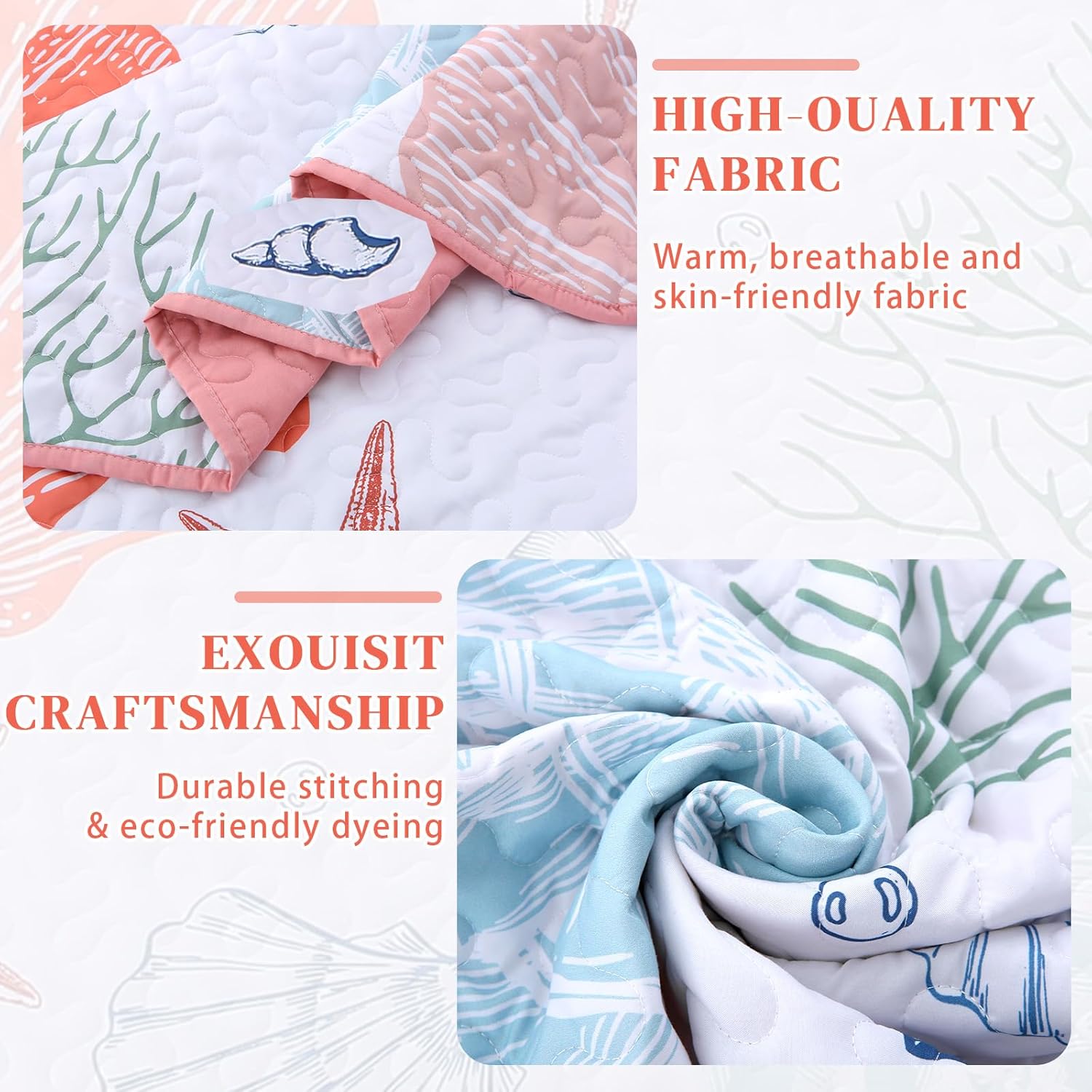 Heymybed Queen Coastal Quilt Set with Pink Starfish Design