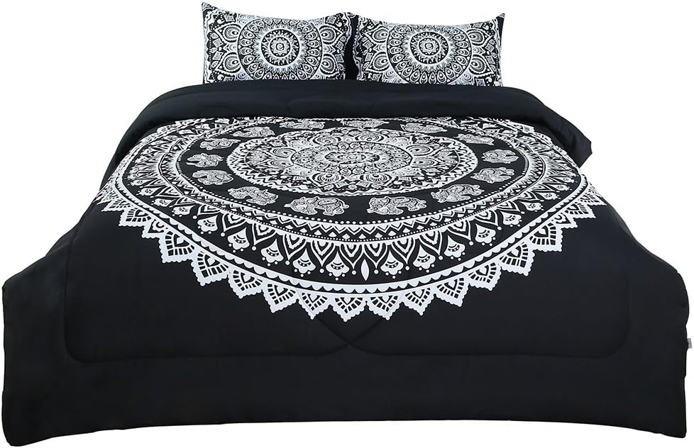 Uxcell Bohemian Black Comforter Set - 3D Printed Reversible 3 Piece