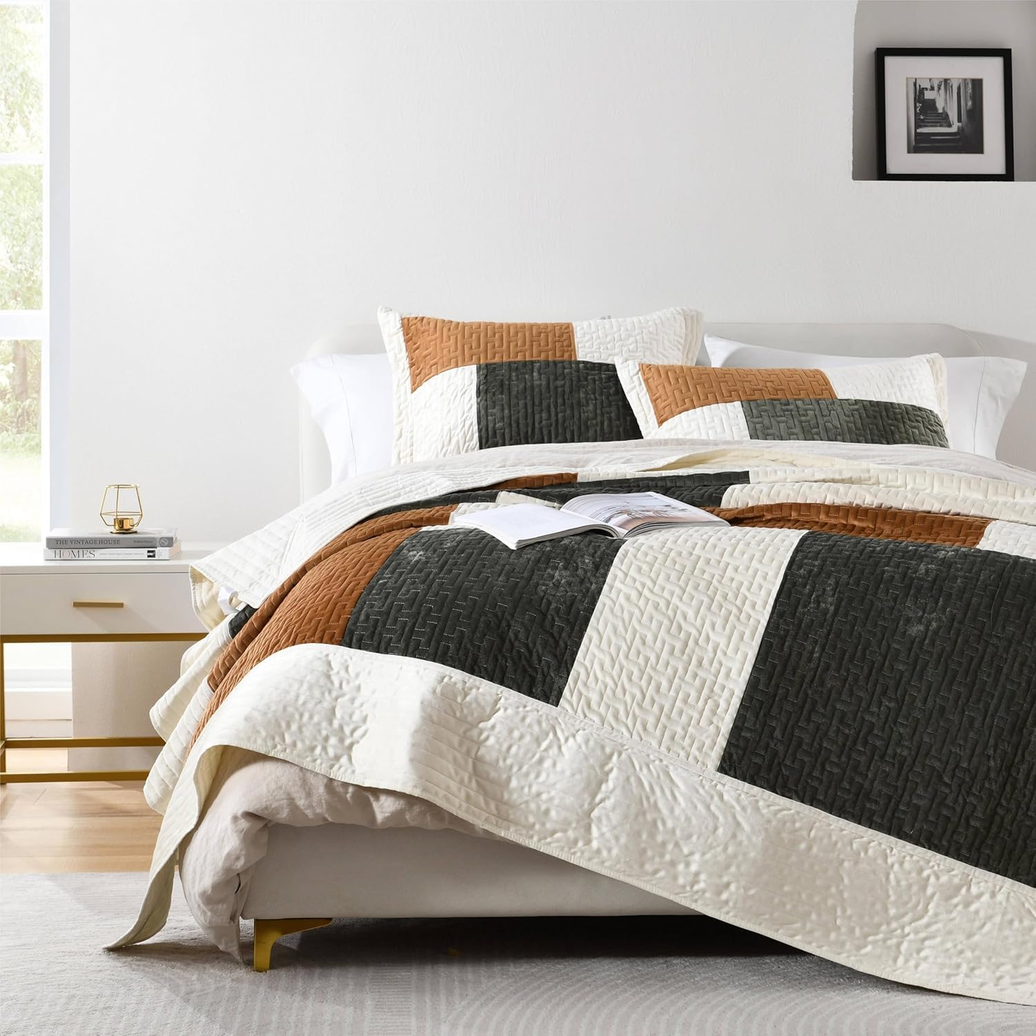 Grassix Velvet Queen Quilt Set - 90x96 Green Gold 3-Piece All Seasons