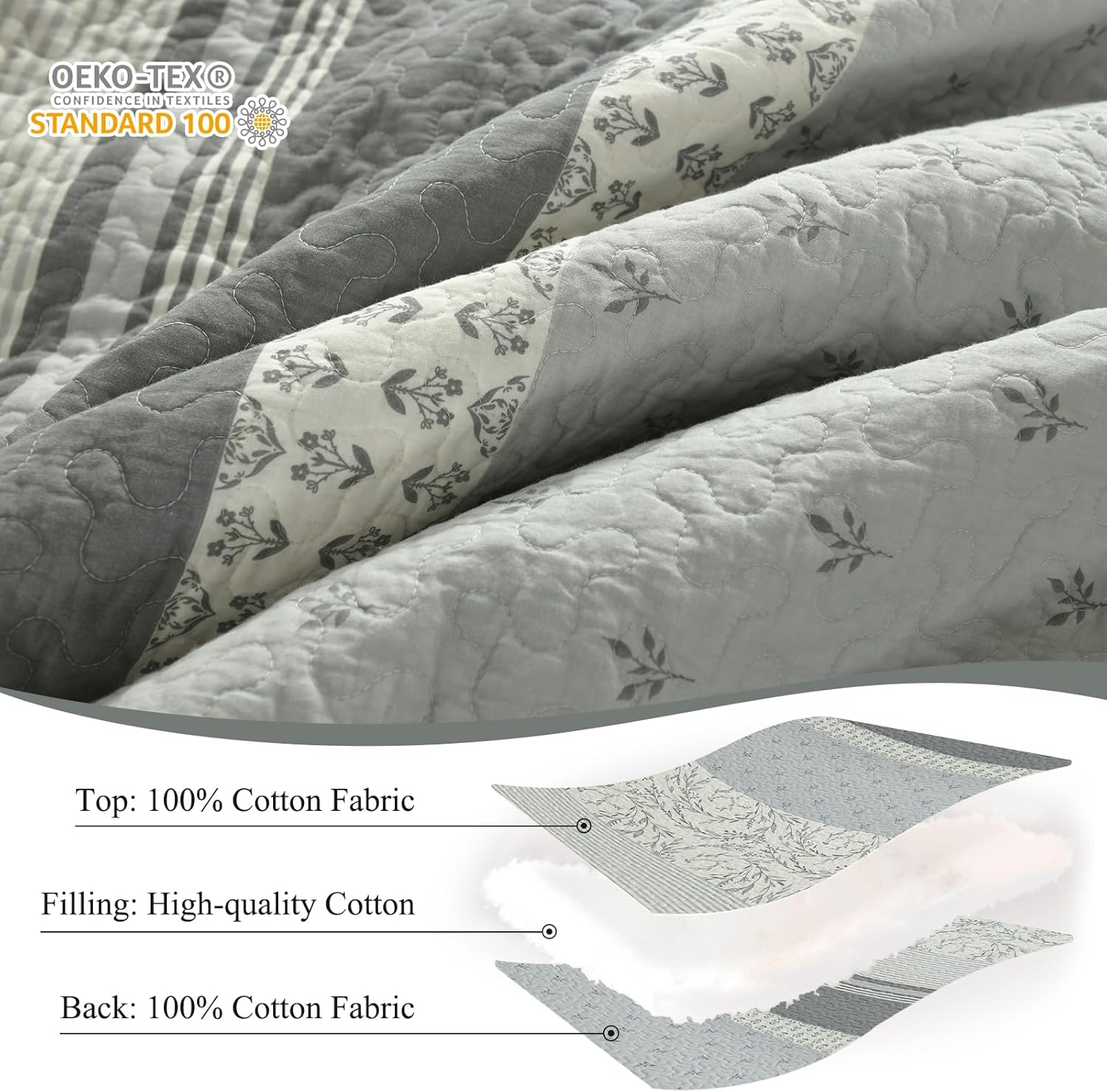 SOElinens King Size Gray White Quilt Set with Shams