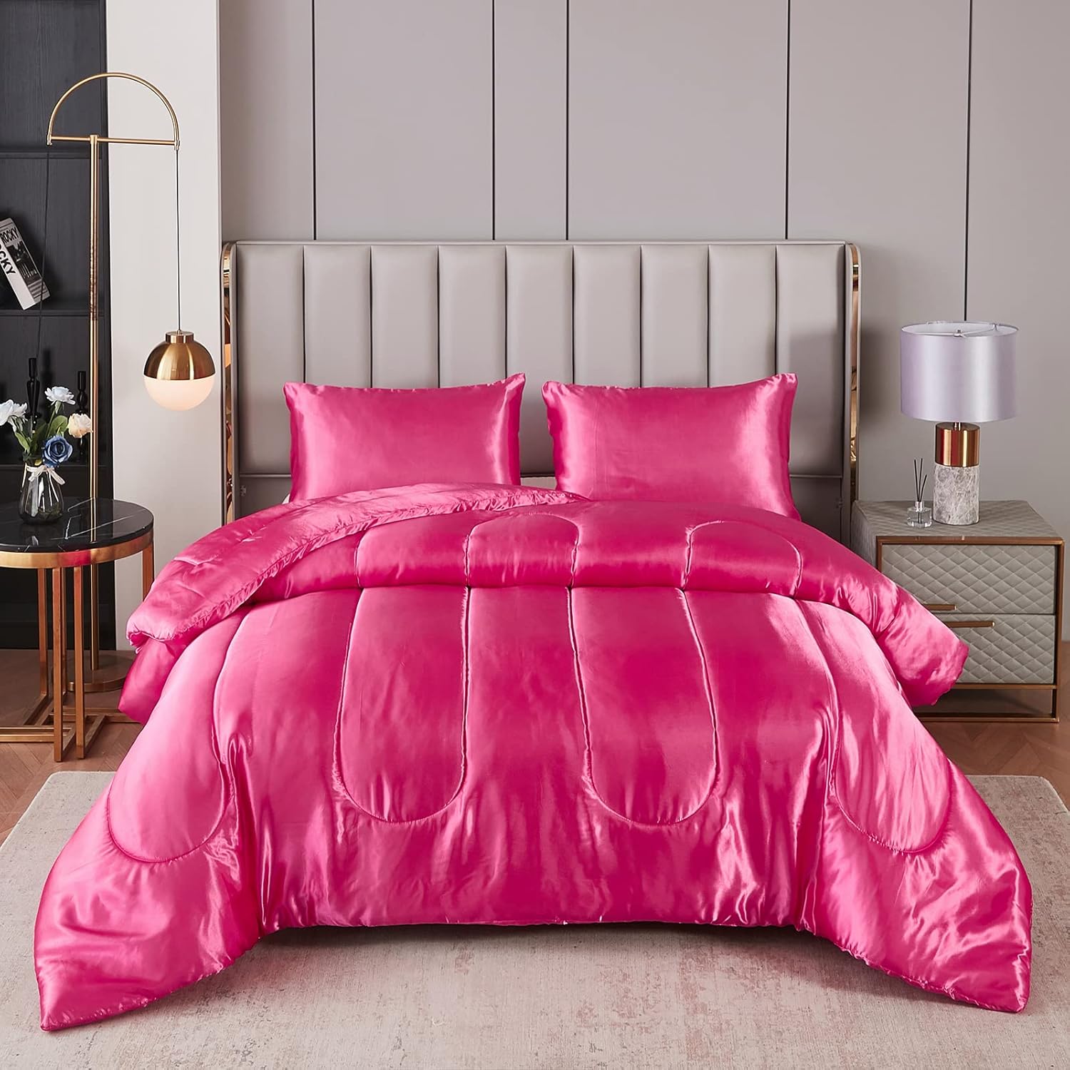 Kanak Bedding 3PC Silky Comforter Set Full XL Hot Pink 1