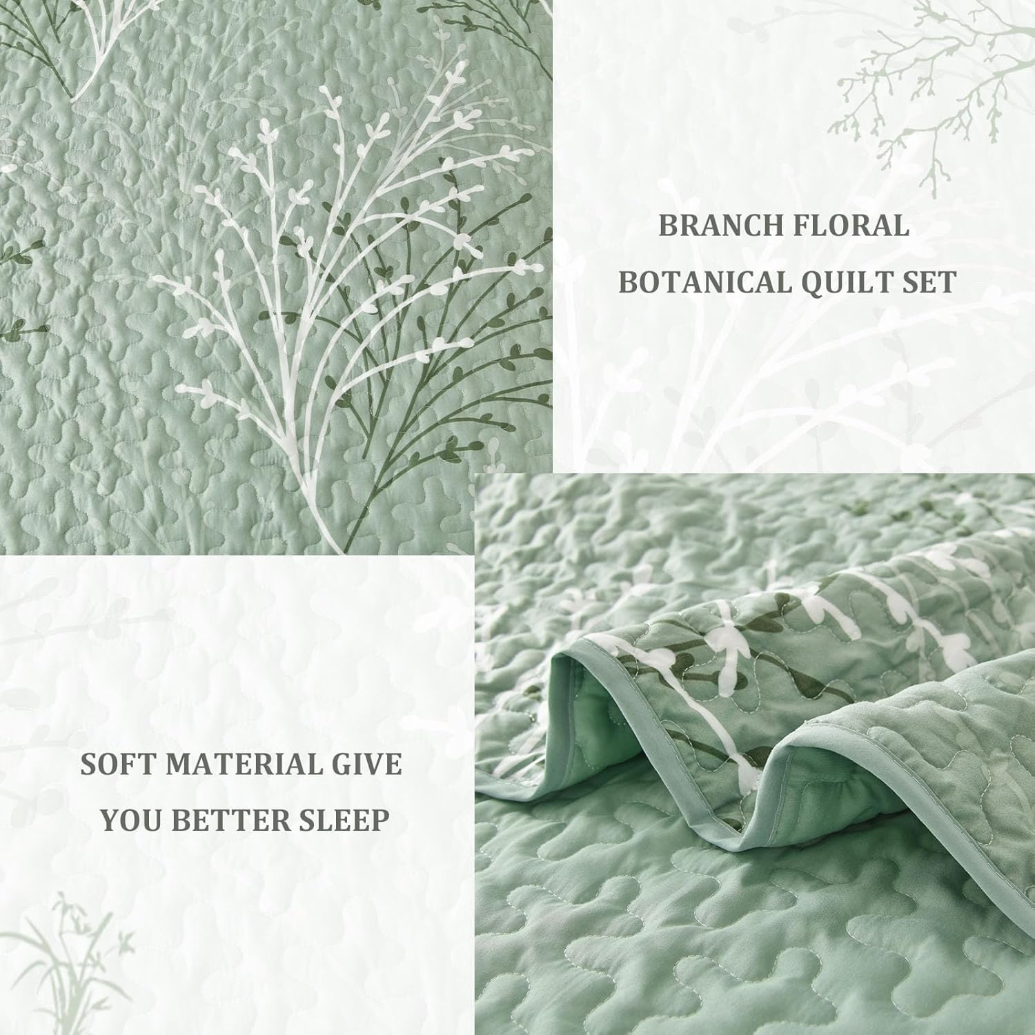 DJY Sage Green Floral Quilt Set California King