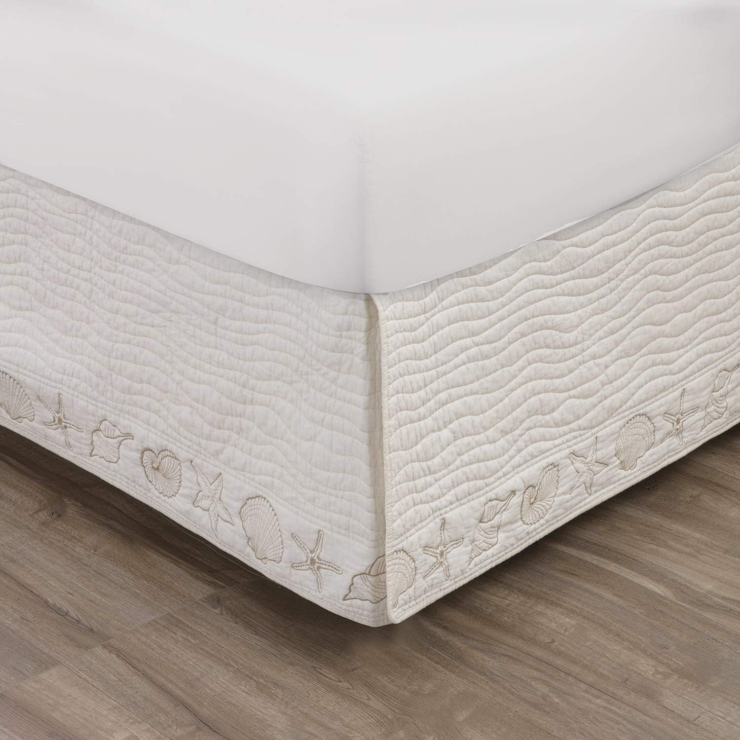 Greenland Home Coastal Seashell Embroidered Bed Skirt Ivory Twin