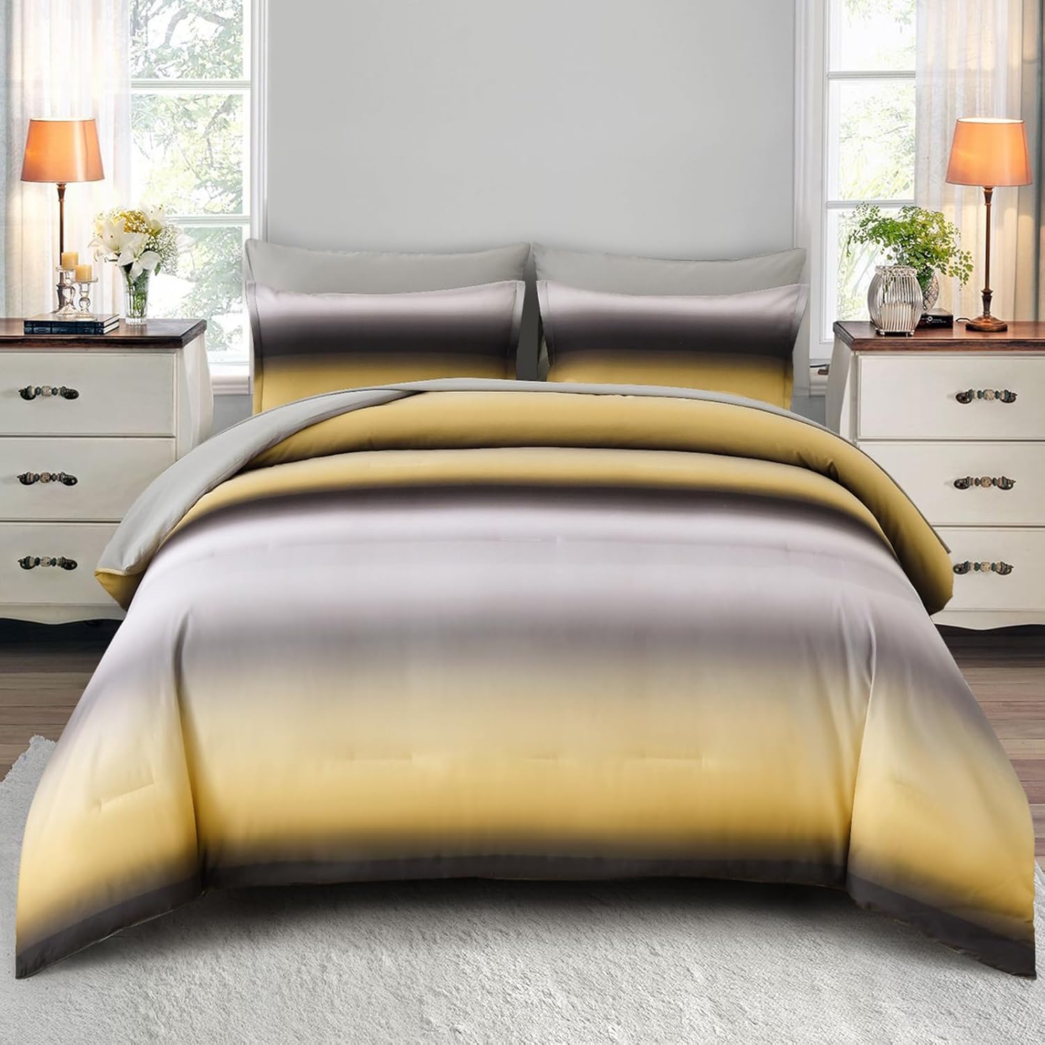 Dinjoy Boho Ombre Yellow Comforter Set 7 Piece Full Size