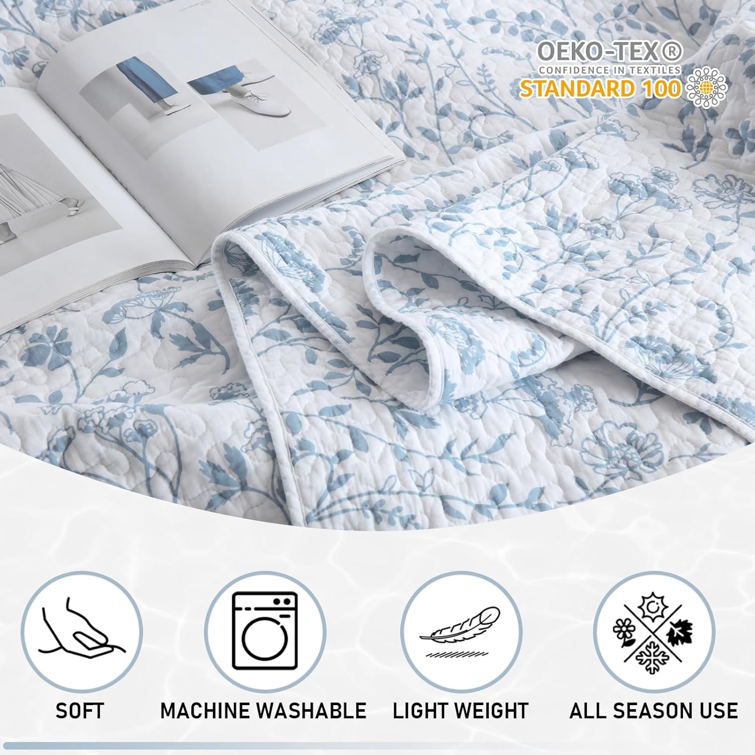 KALOOLA Summer Cotton Blue Floral King Quilt Set