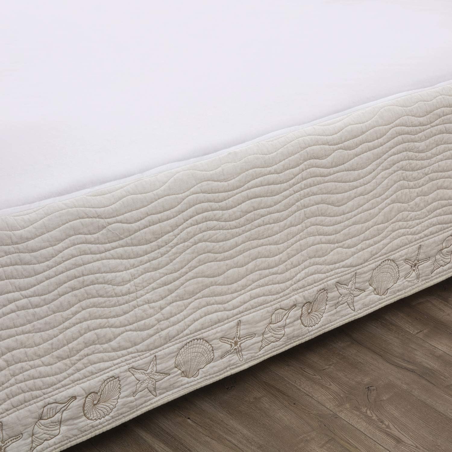 Greenland Home Coastal Seashell Embroidered Bed Skirt Ivory Twin
