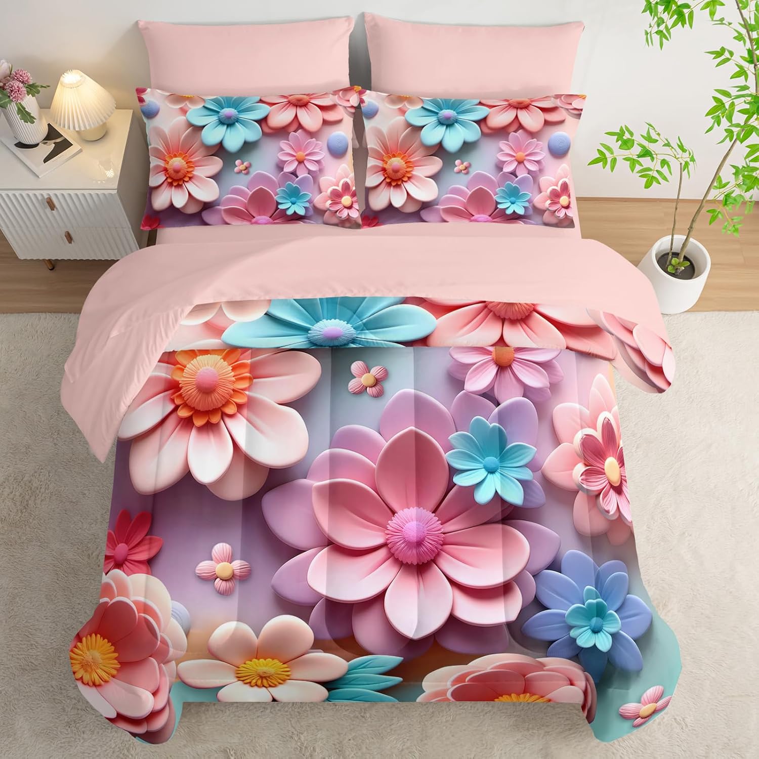 Pink Floral Comforter Set Queen 7 Piece