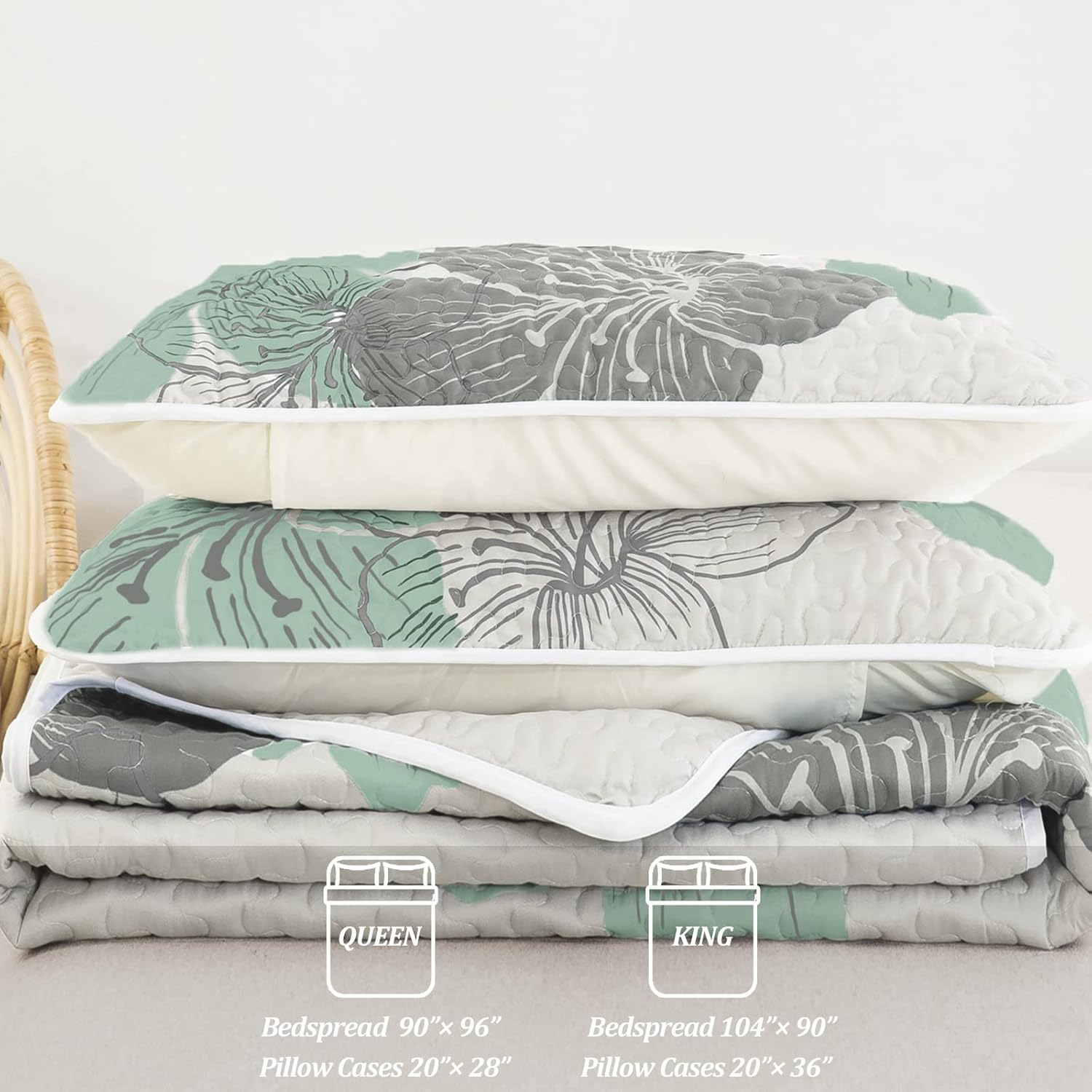 DJY 3 Piece Queen Quilt Set with Green Floral Pattern