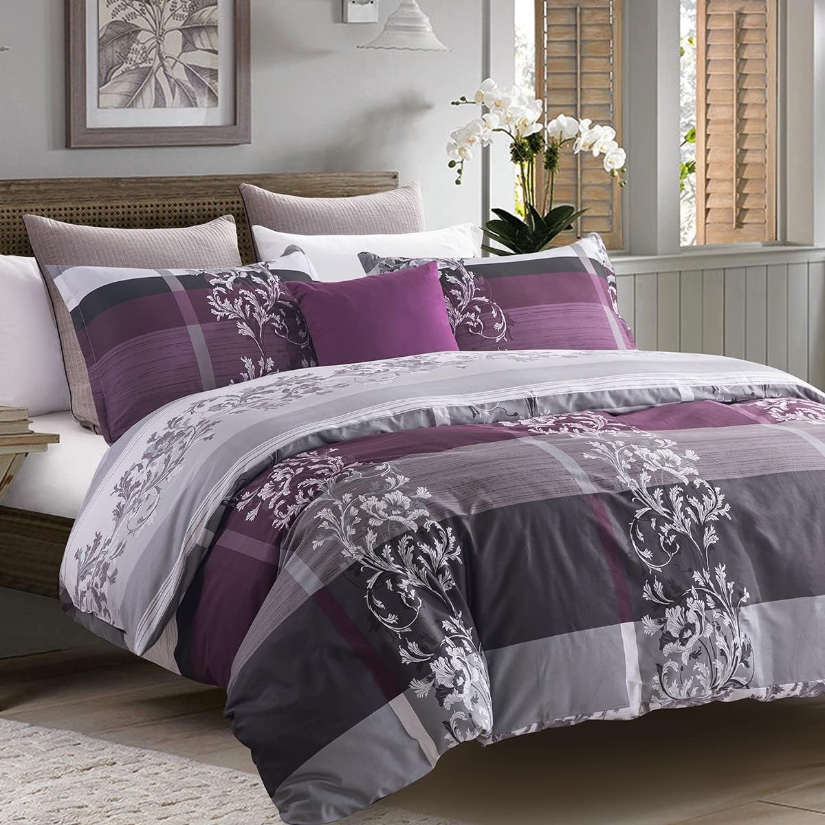 SLEEPBELLA King Size Comforter Set Grey Paisley Purple
