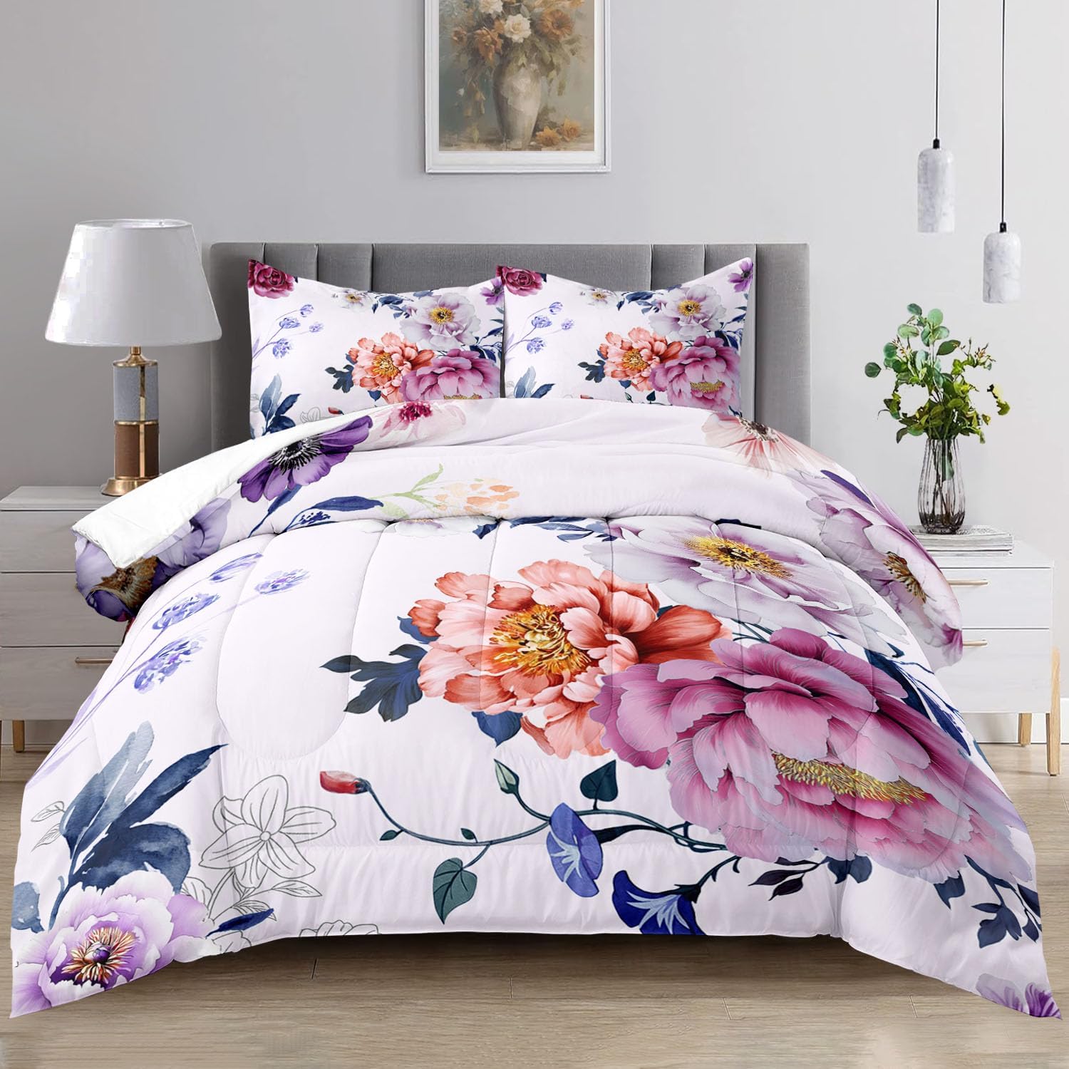Raphus cucullatus Botanical Comforter Set - Purple Pink Floral Quilt Bed Set