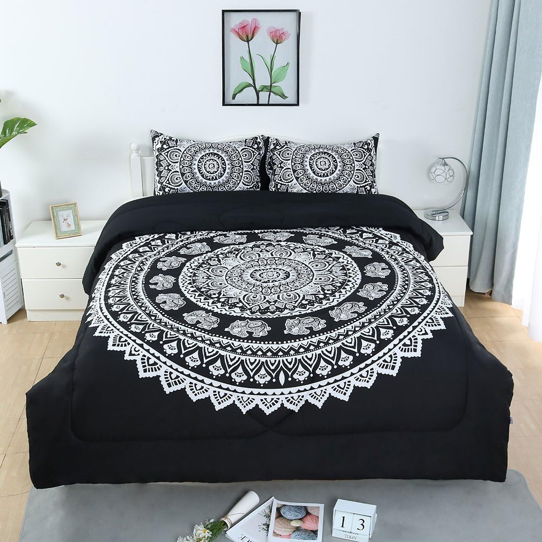 Uxcell Bohemian Black Comforter Set - 3D Printed Reversible 3 Piece
