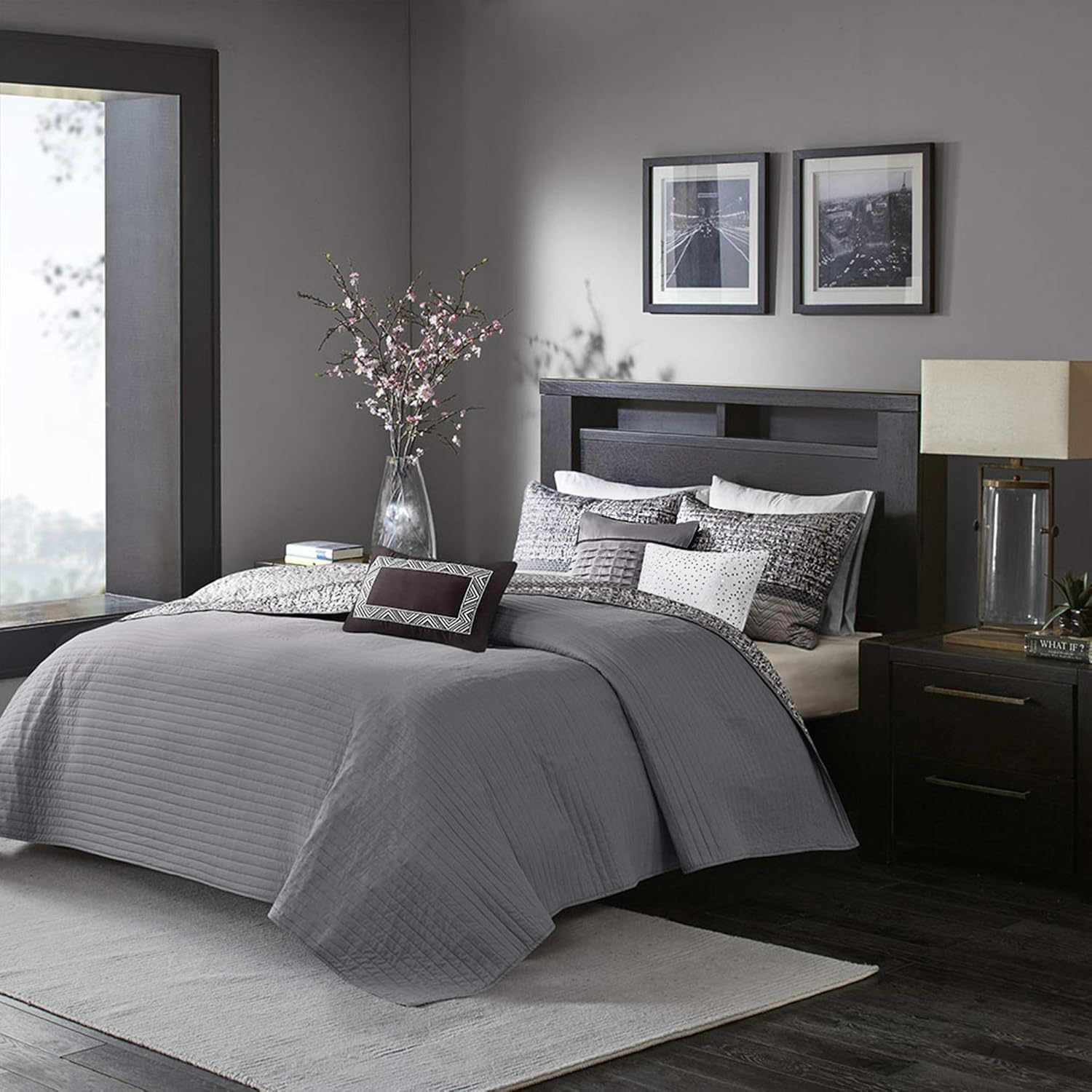Madison Park King Quilt Set with Glitter Accent Chevron GreyTaupe