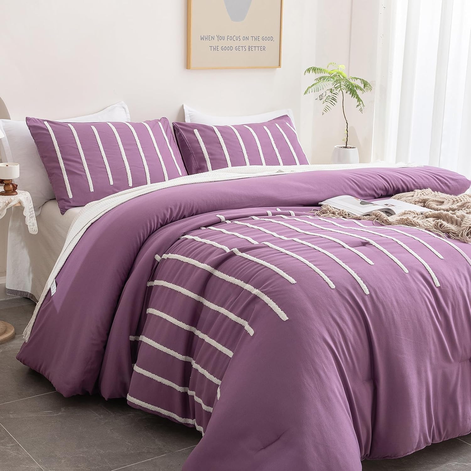 3Pcs Tufted Duvet Cover Set Purple Super King Comforter with Matching Pillows