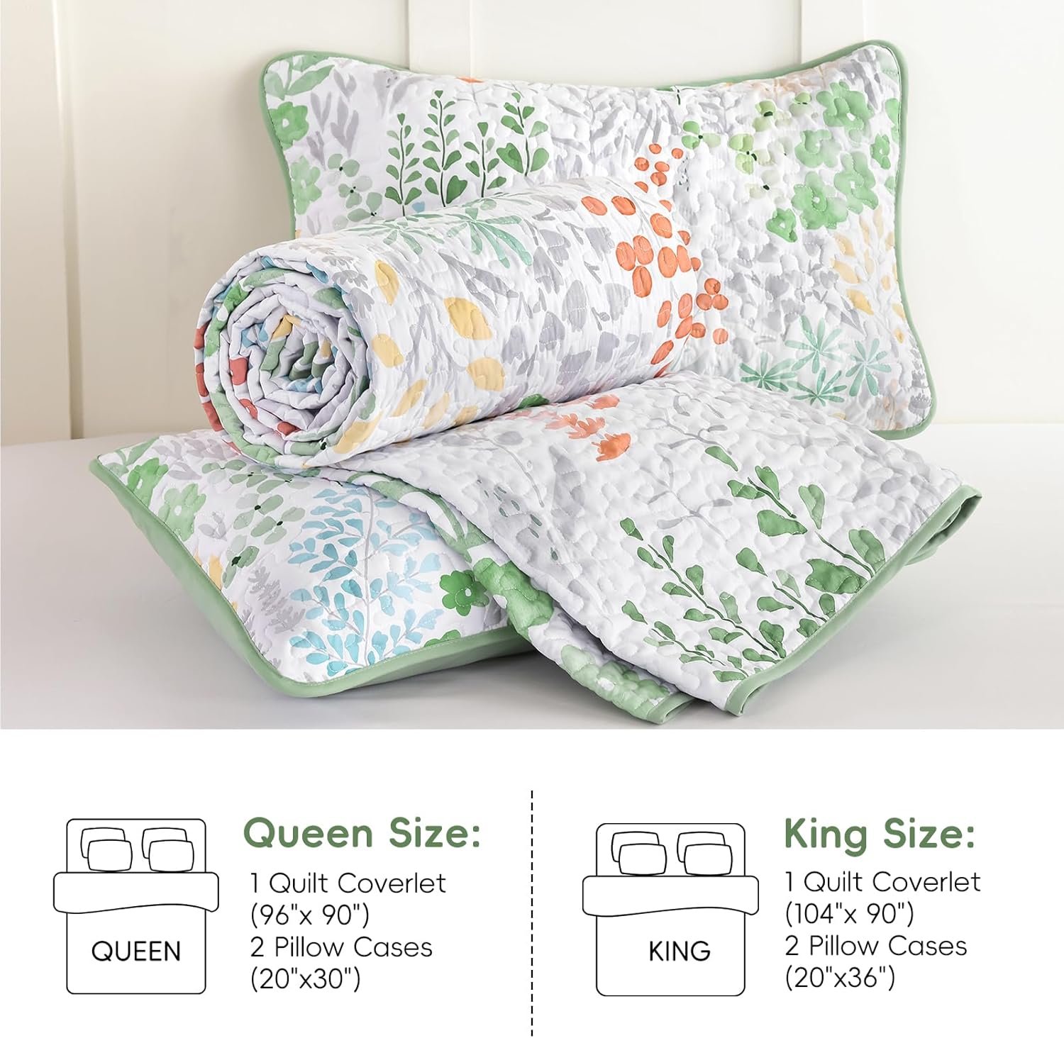 Sage Green Floral Quilt Set Queen 3 Pieces 1