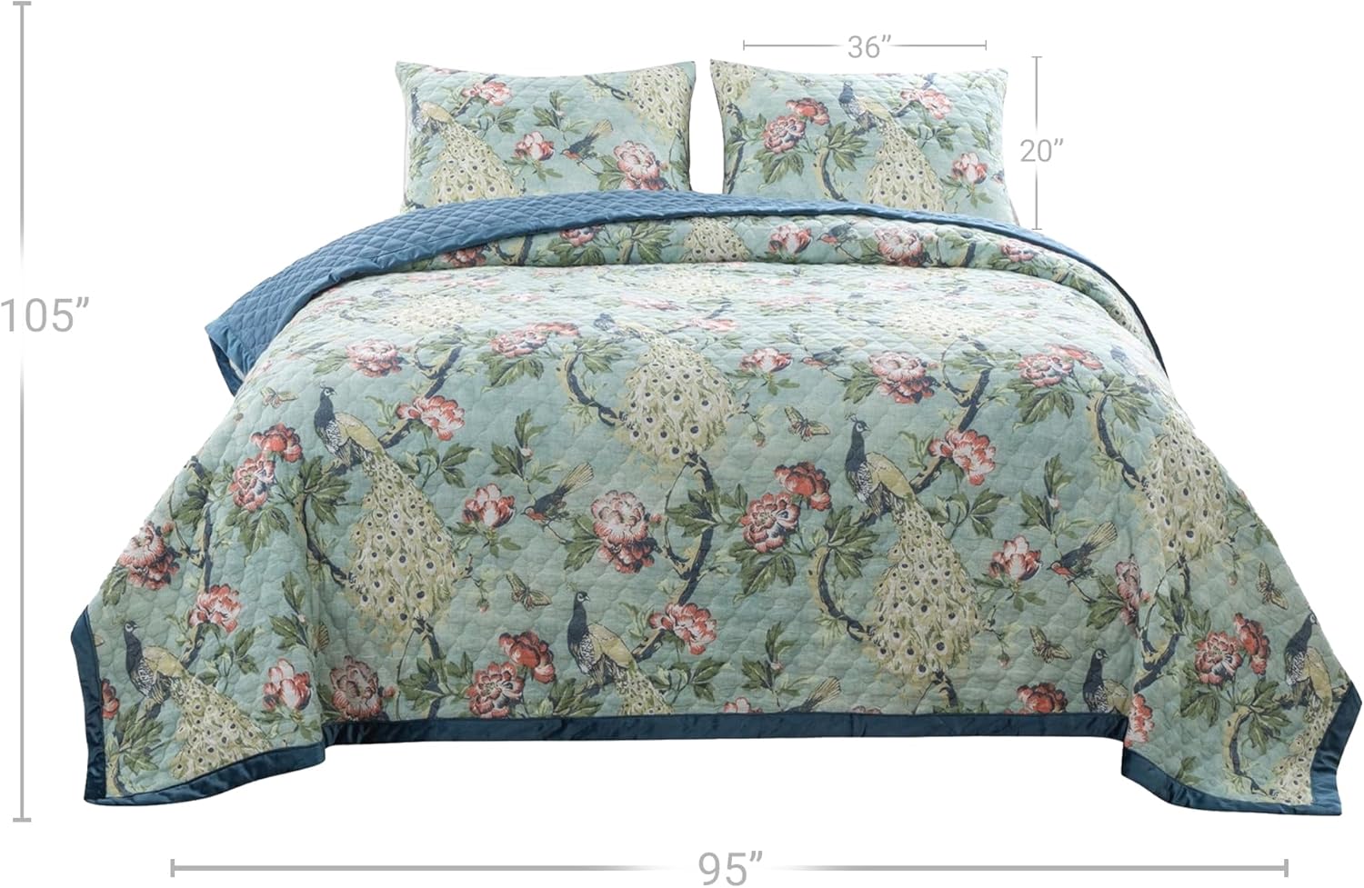 Benjara Eden 3 Piece King Quilt Set Peacock Print