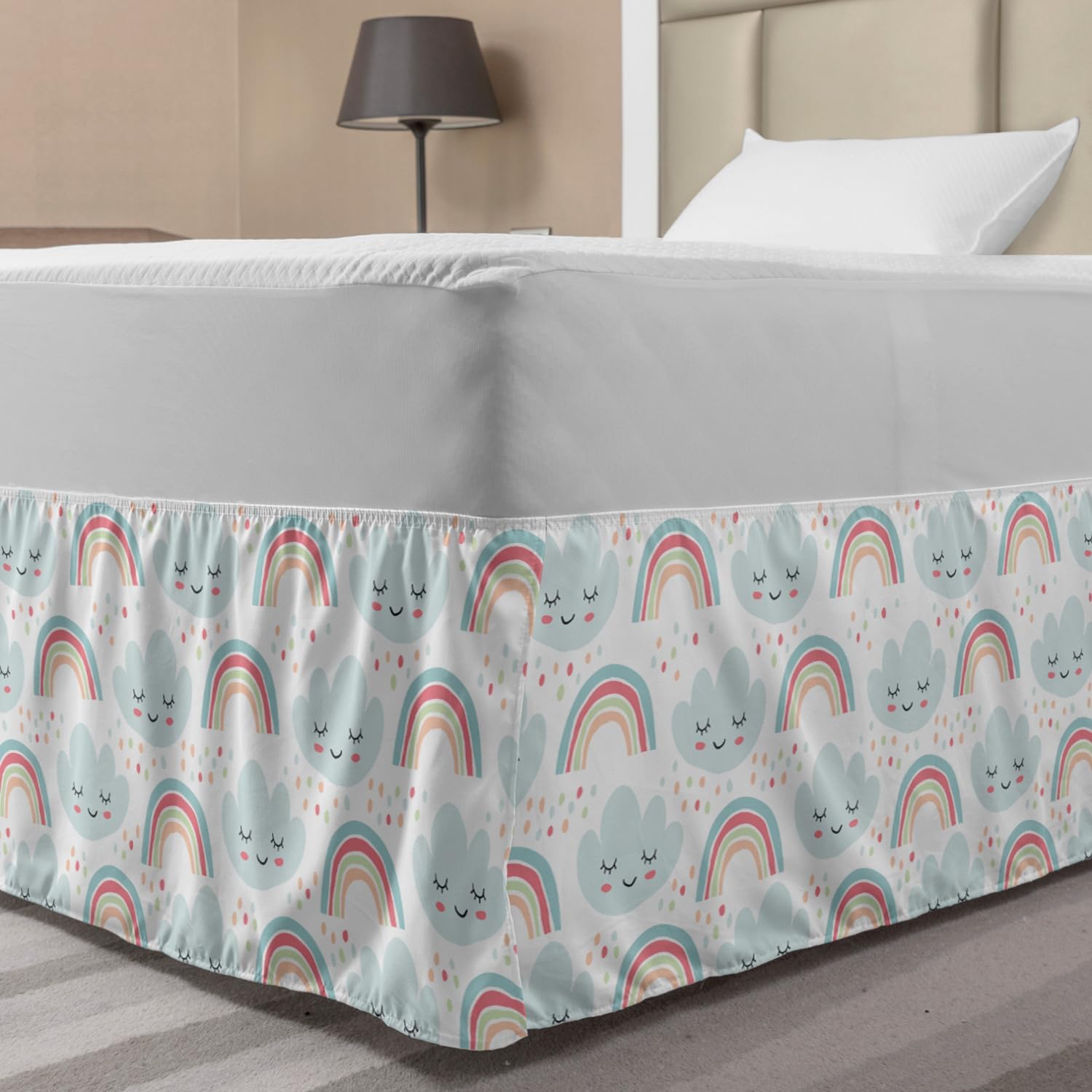 Lunarable Rainbow Bed Skirt with Smiling Clouds Pattern