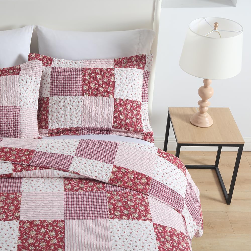 ENASAL Reversible Plaid Flower Quilt Bedspread Set King Size