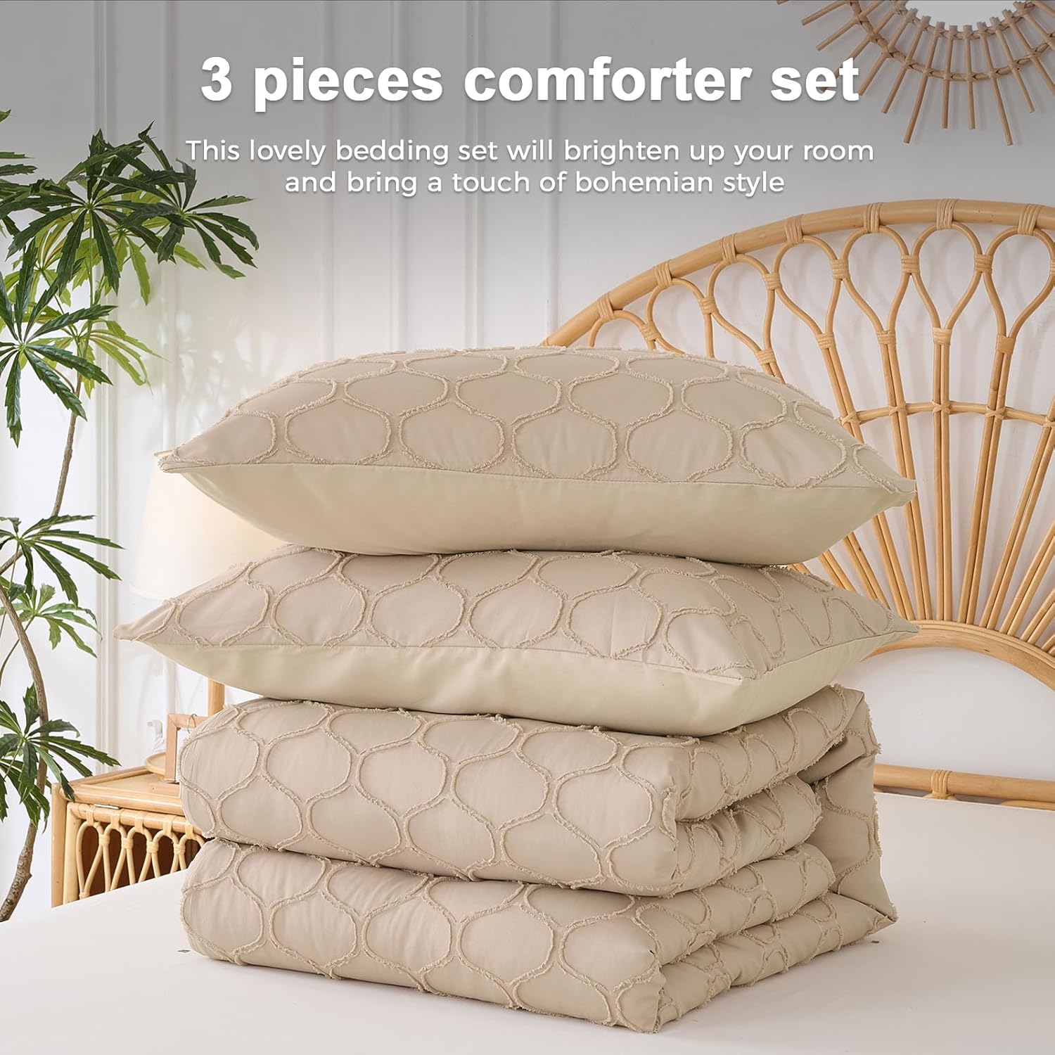 KAKKI Queen Beige Comforter Set - 3 Piece Boho Bedding