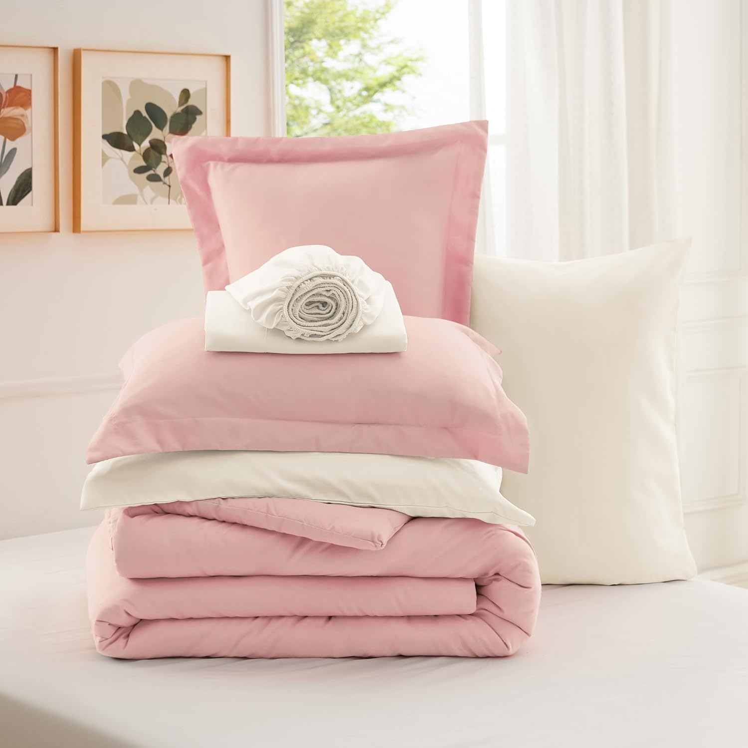 Bedsure 7-Piece Pink Comforter Set for All Seasons
