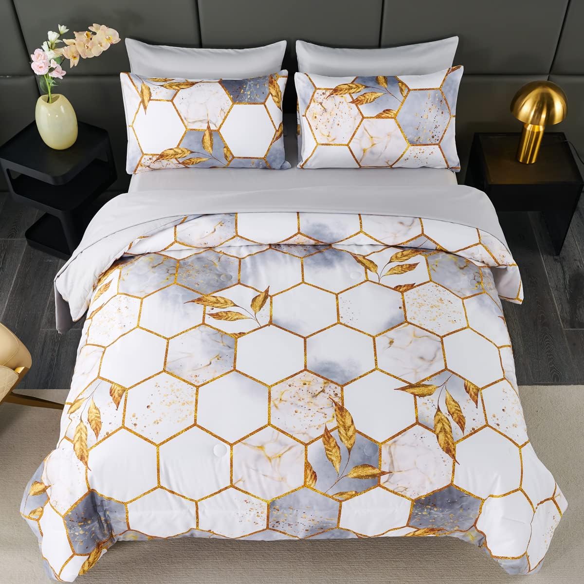 ZRNBAST 7 Pcs Light Grey Comforter Set with Gold Trim 1