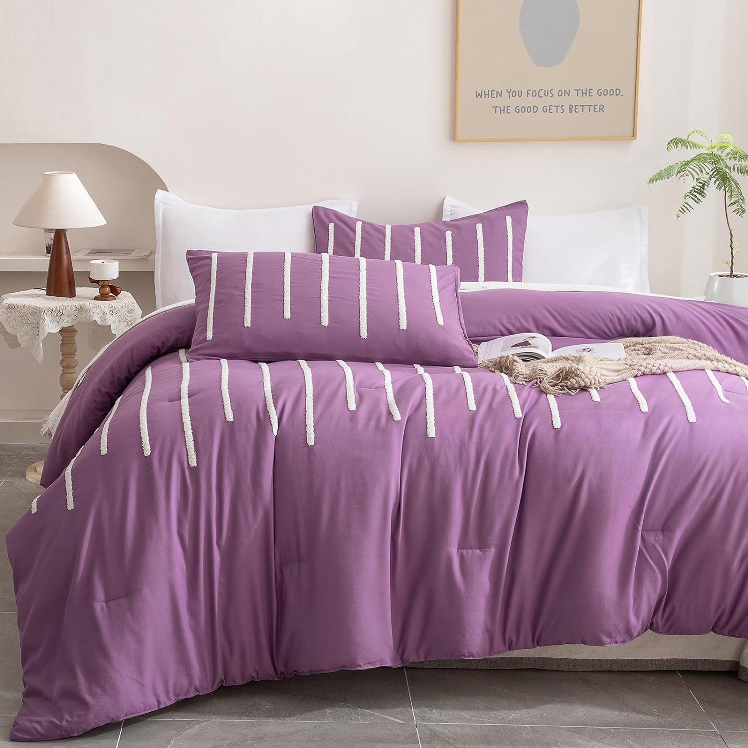 3Pcs Tufted Duvet Cover Set Purple Super King Comforter with Matching Pillows