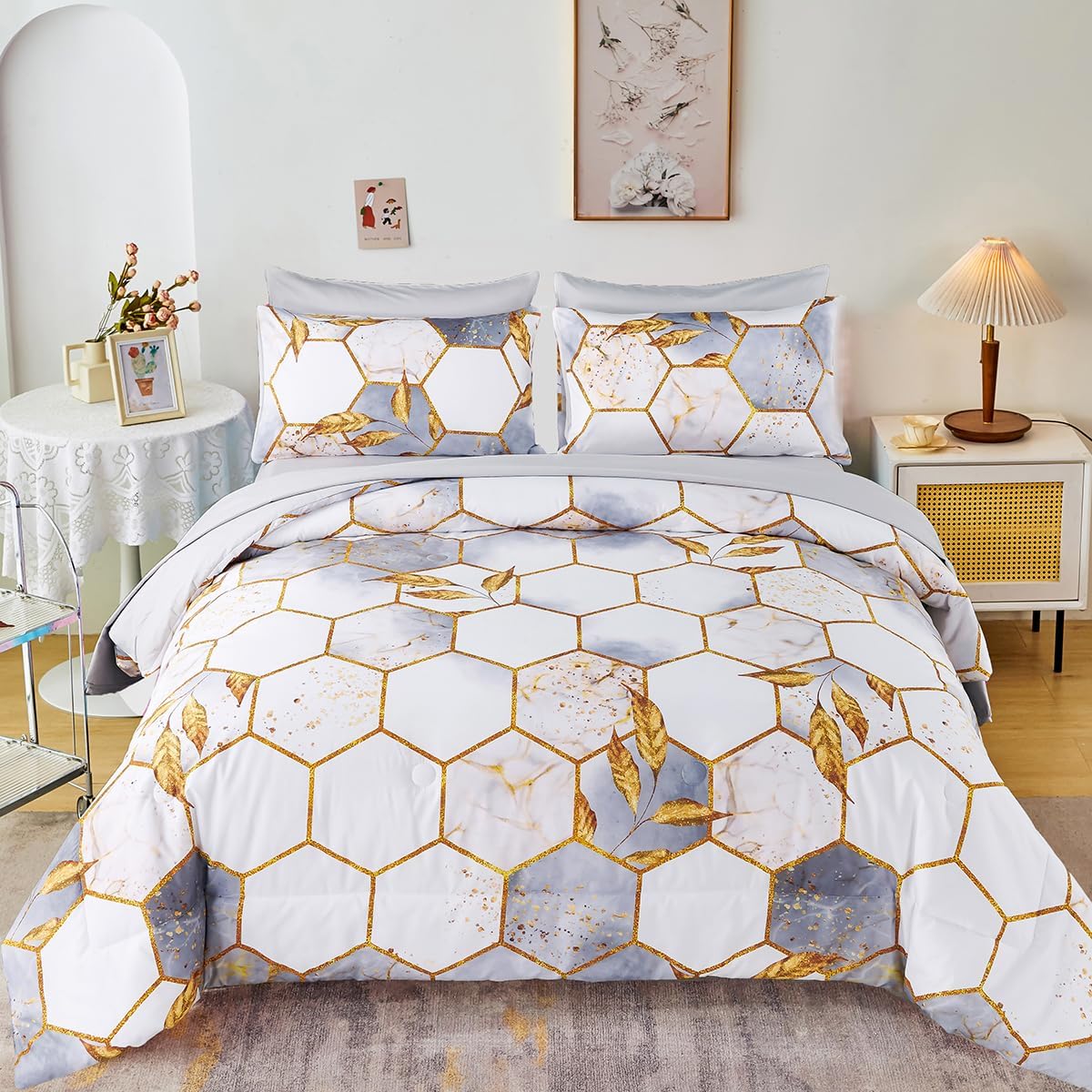 ZRNBAST 7 Pcs Light Grey Comforter Set with Gold Trim 1