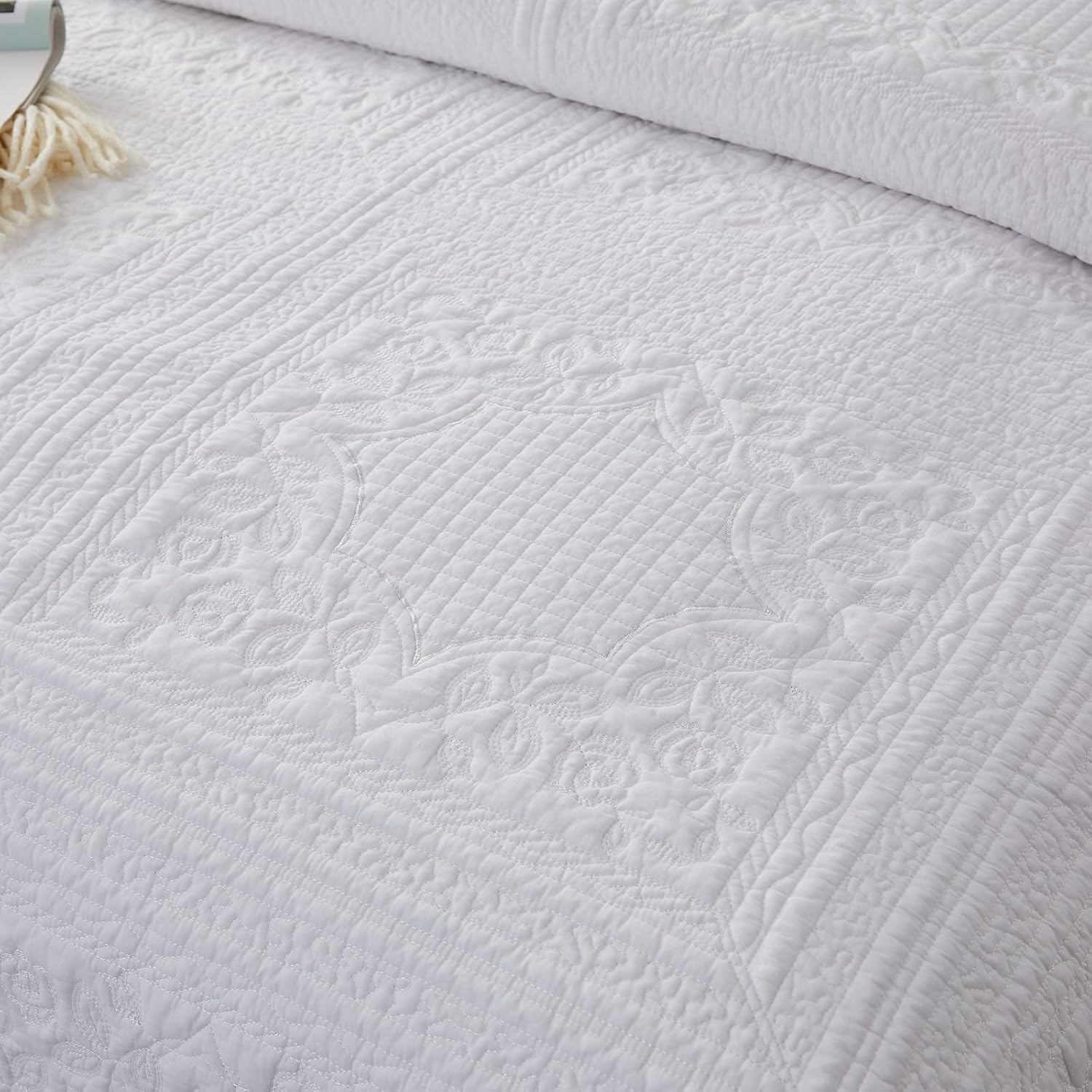 Brandream White Cotton Queen Quilt Set 3PCs