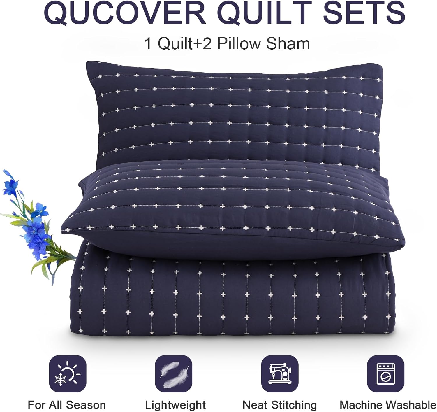 Qucover Cal King Quilt Set with Pillow Shams Navy Blue Cross Stitch Design