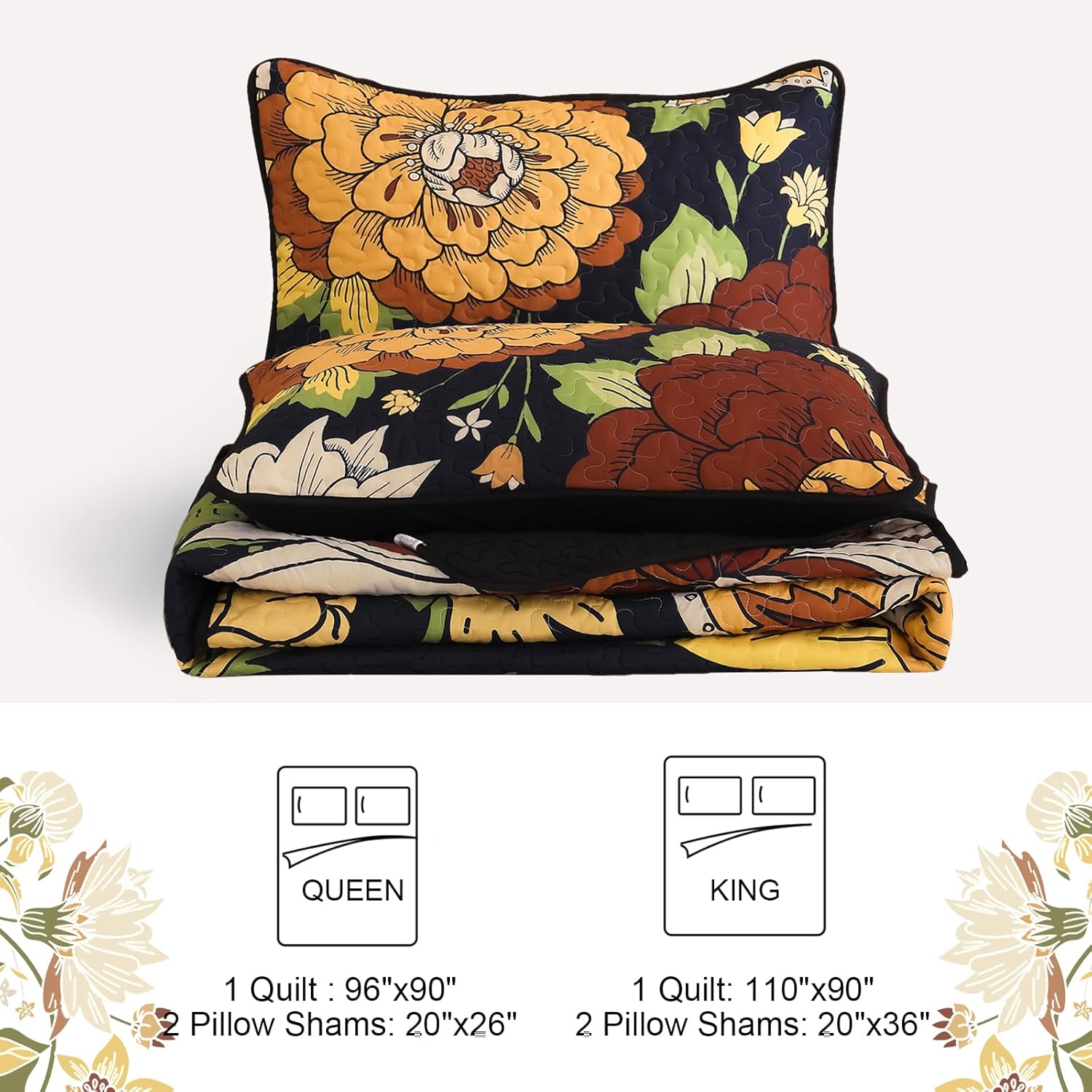 DJY Boho Floral Quilt Set Queen Size 3 Pieces