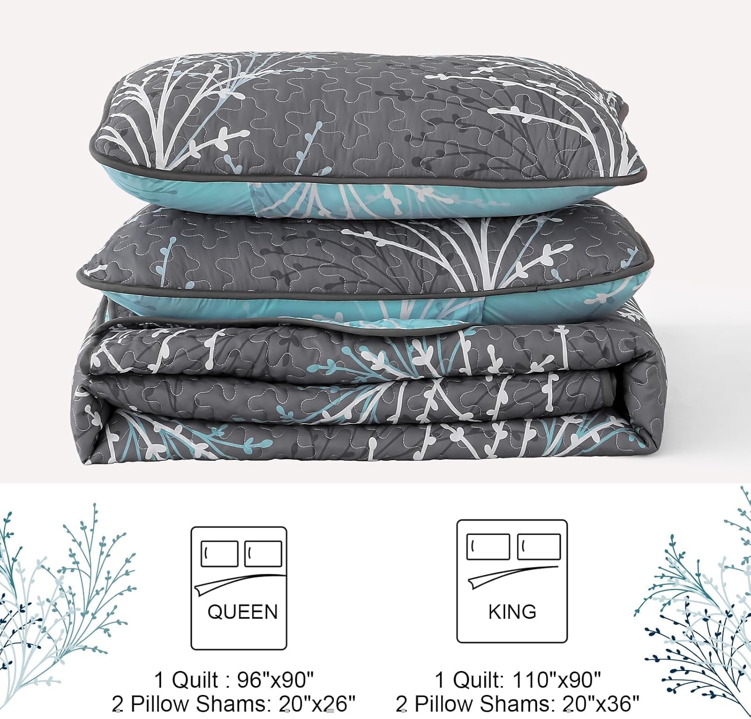 DJY Queen Size Reversible Quilt Set Grey Blue