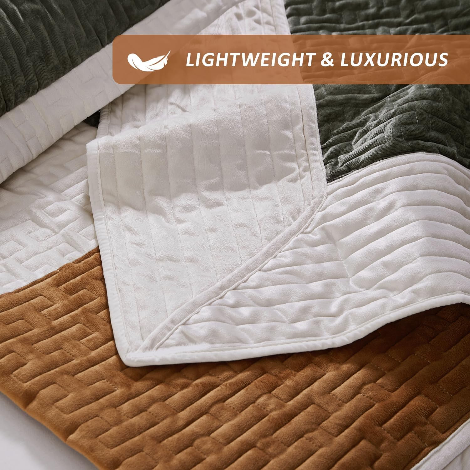 Grassix Velvet Queen Quilt Set - 90x96 Green Gold 3-Piece All Seasons
