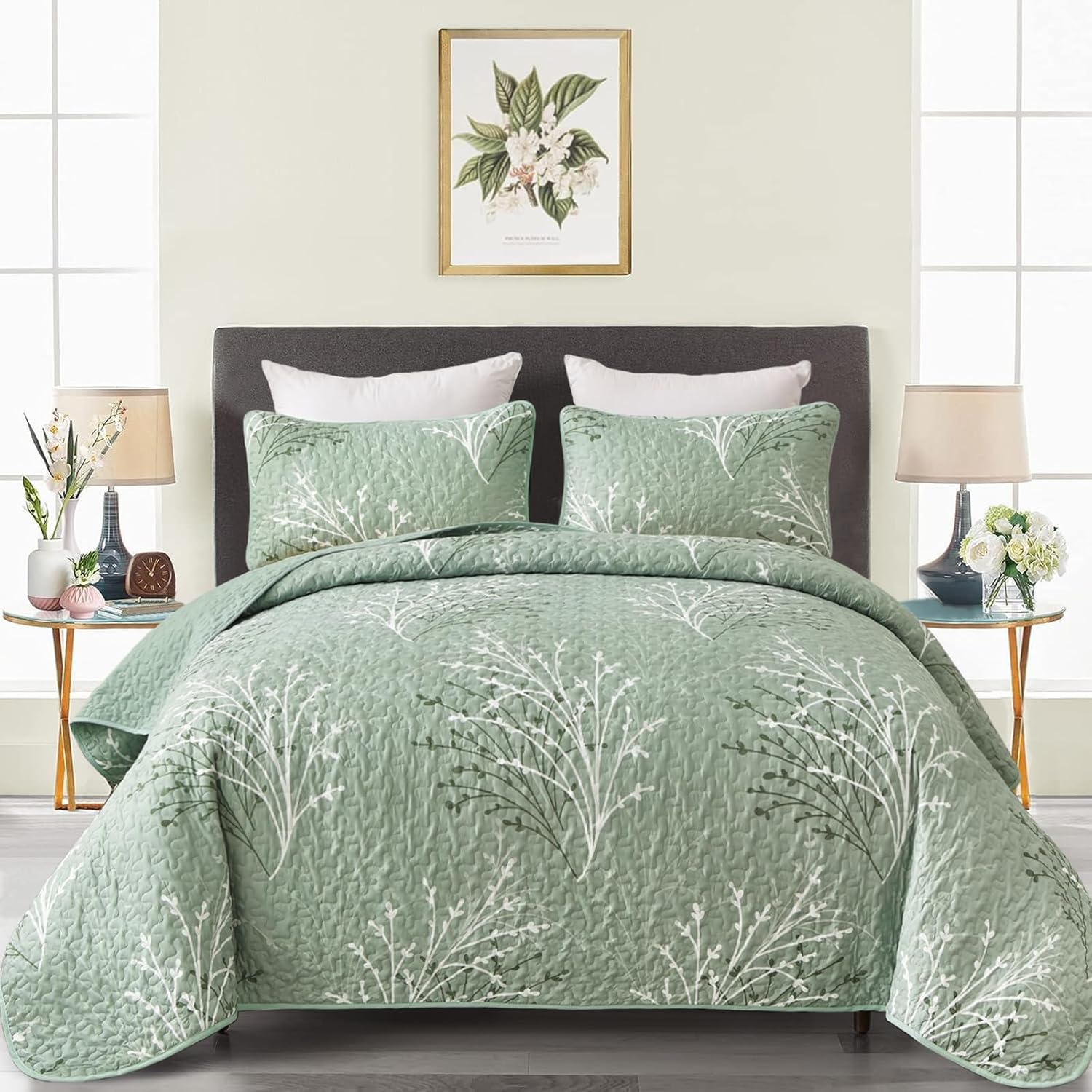 DJY Sage Green Floral Quilt Set California King