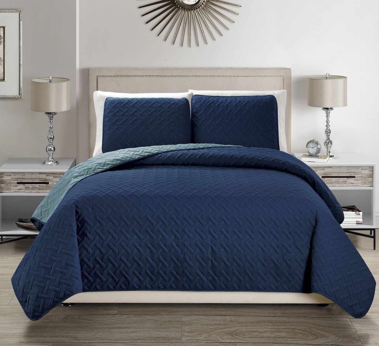 KingLinen Embossed Microfiber Navy Reversible Quilt Set Cal King 1