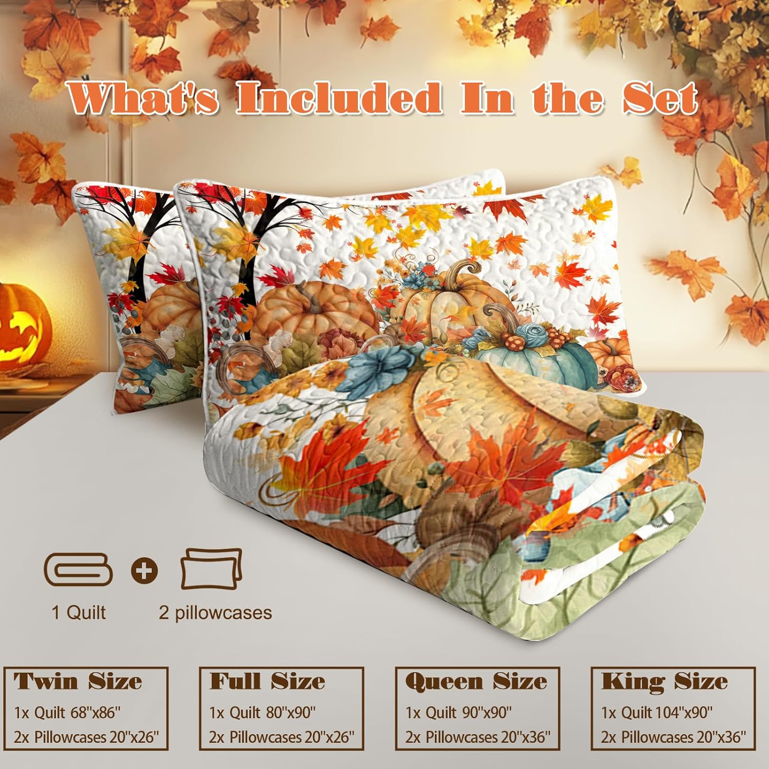 BlessLiving 3-Piece Pumpkin Quilt Set with Pillowcases