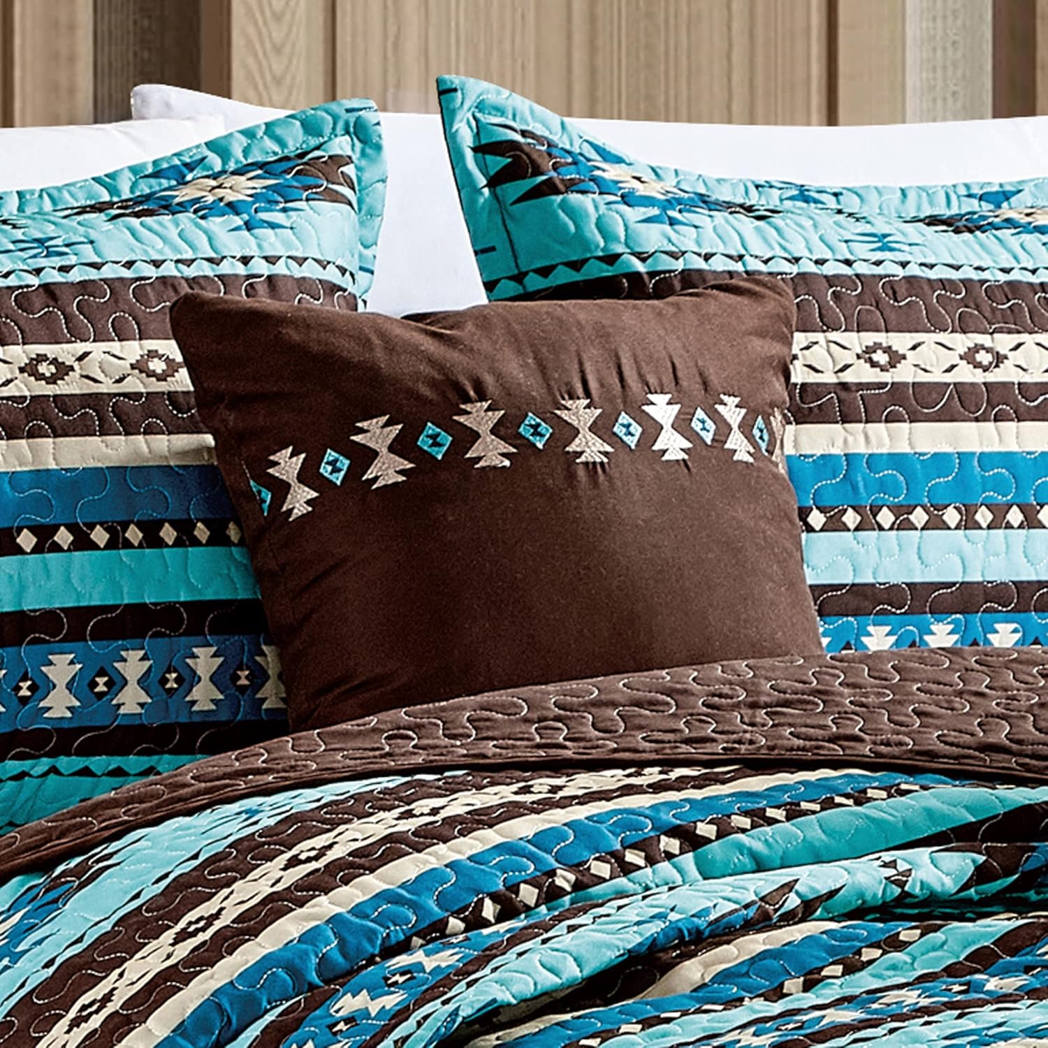 Linen Mart Southwestern Turquoise Tan Aztec Coverlet - 5 Piece Set