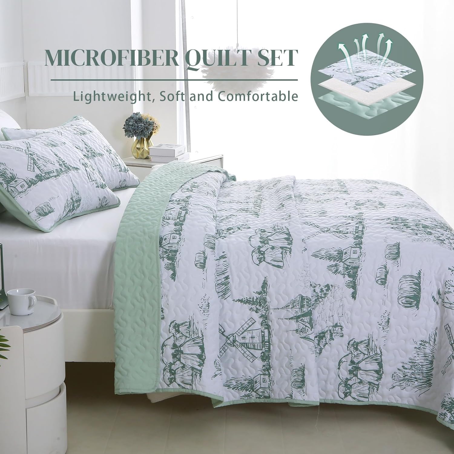 Sage Green Botanical Quilt Set King Size 3 Piece