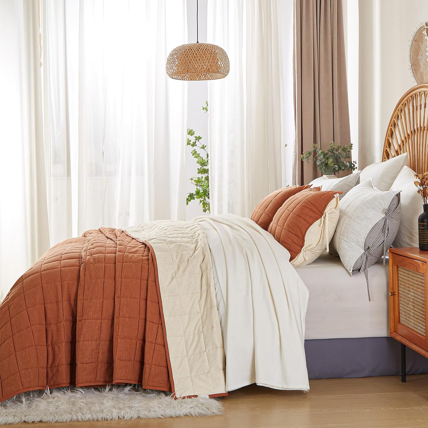 Cotton Quilt Bed Spreads 3-Piece Set Queen Burnt Orange