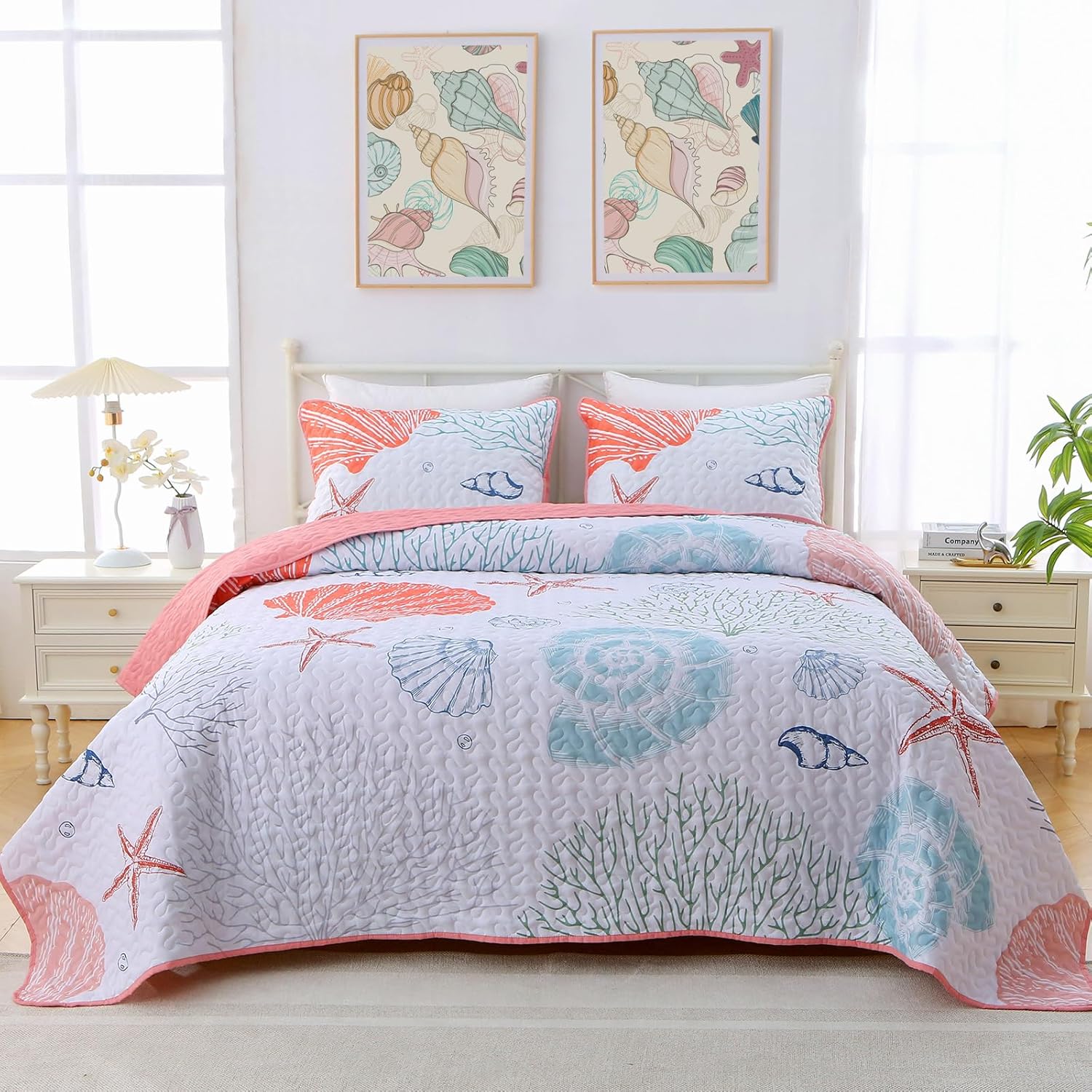 Heymybed Queen Coastal Quilt Set with Pink Starfish Design