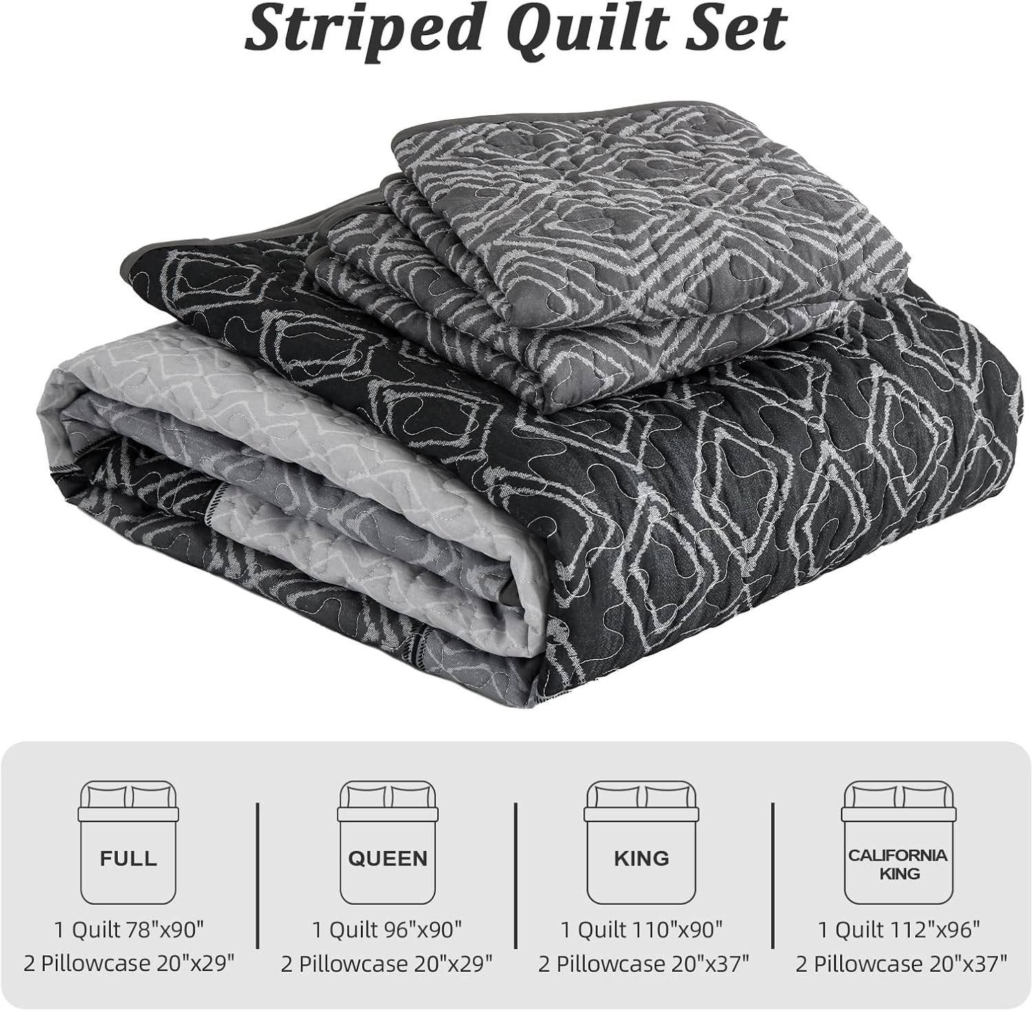 Cottolester Boho Quilt Set 3 Pieces Full Size Grey Striped Plaid