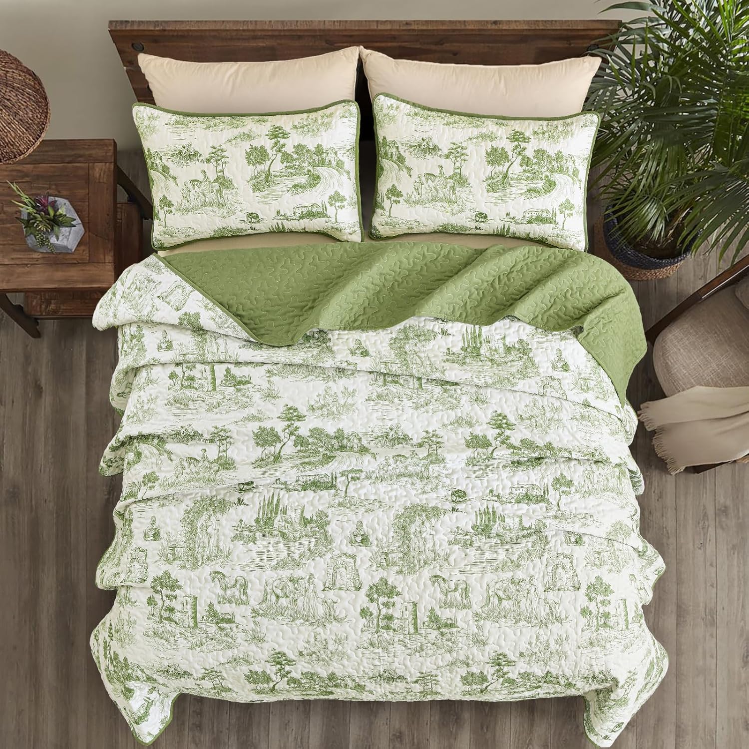 Drucon Sage Green Farmhouse Quilt Set King Size