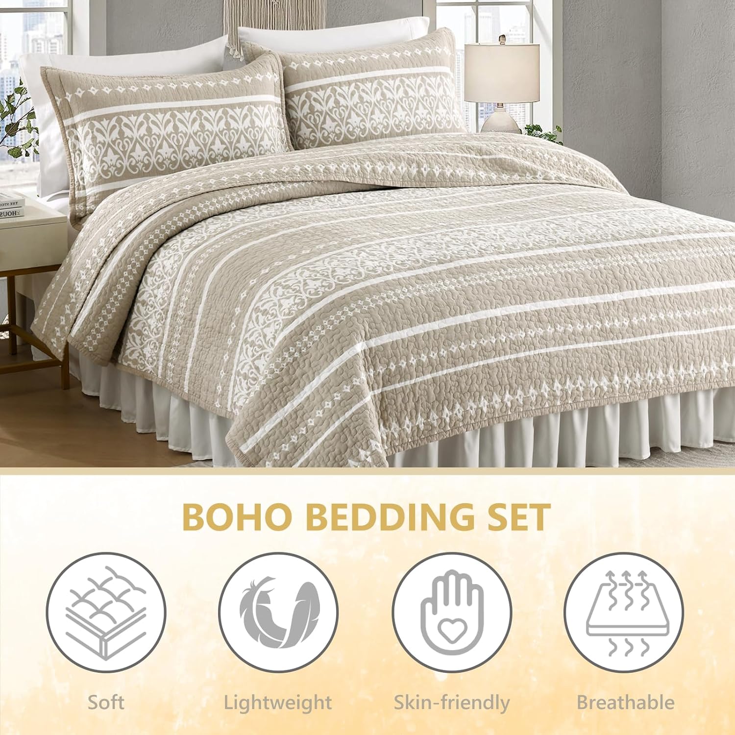 LORRIARD King Size Quilt Boho Bedding Set 3 Pieces
