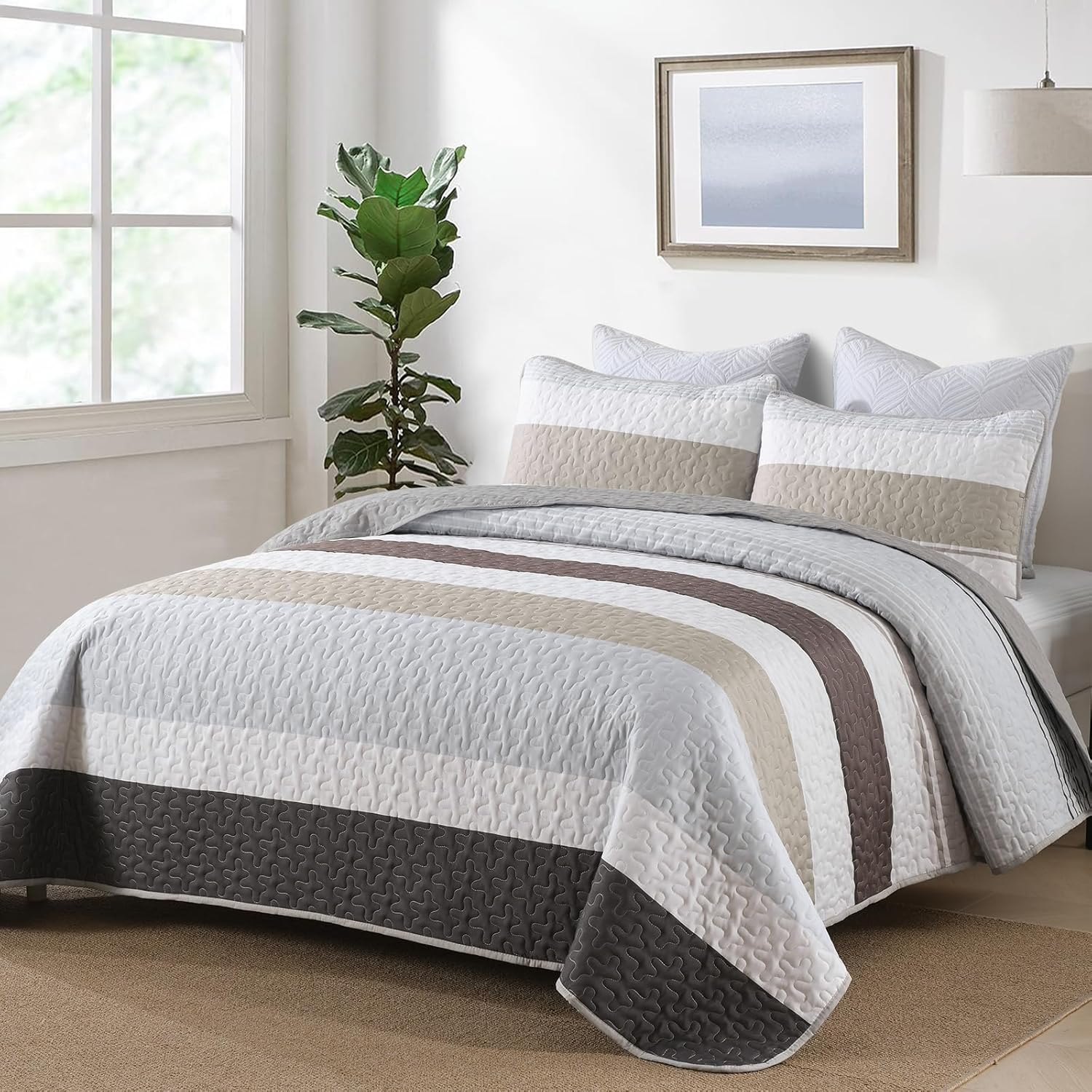 Boho Quilt Set Full Size 3 Pieces Grey Striped Bedding