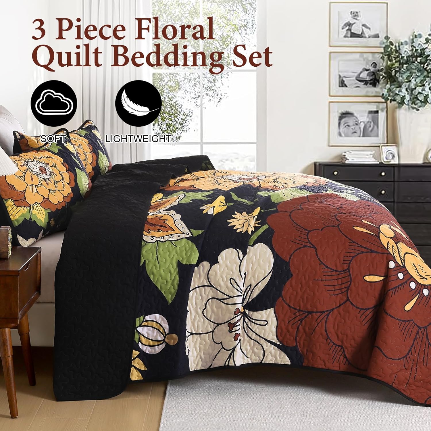 DJY Boho Floral Quilt Set Queen Size 3 Pieces
