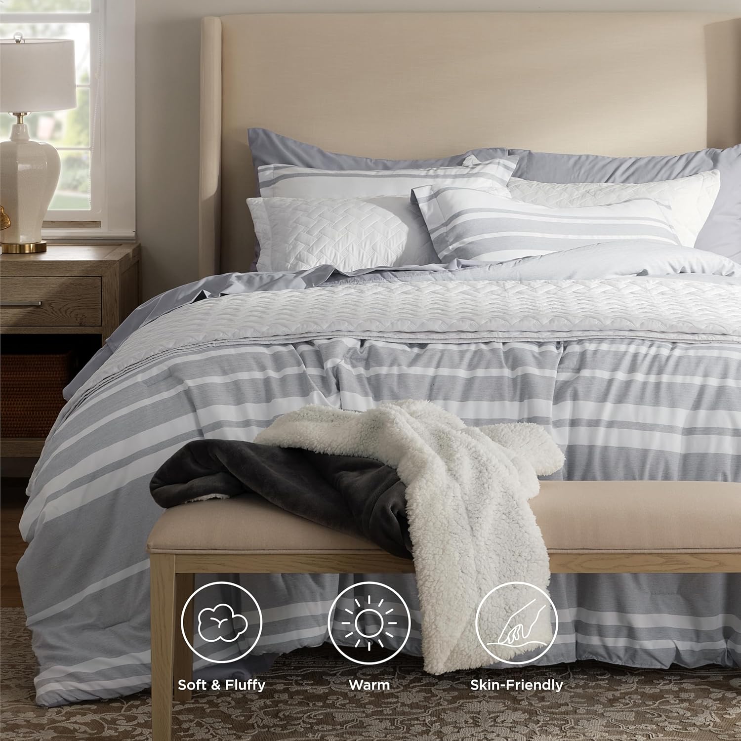 Bedsure California King Comforter Set 7 Piece Grey Striped