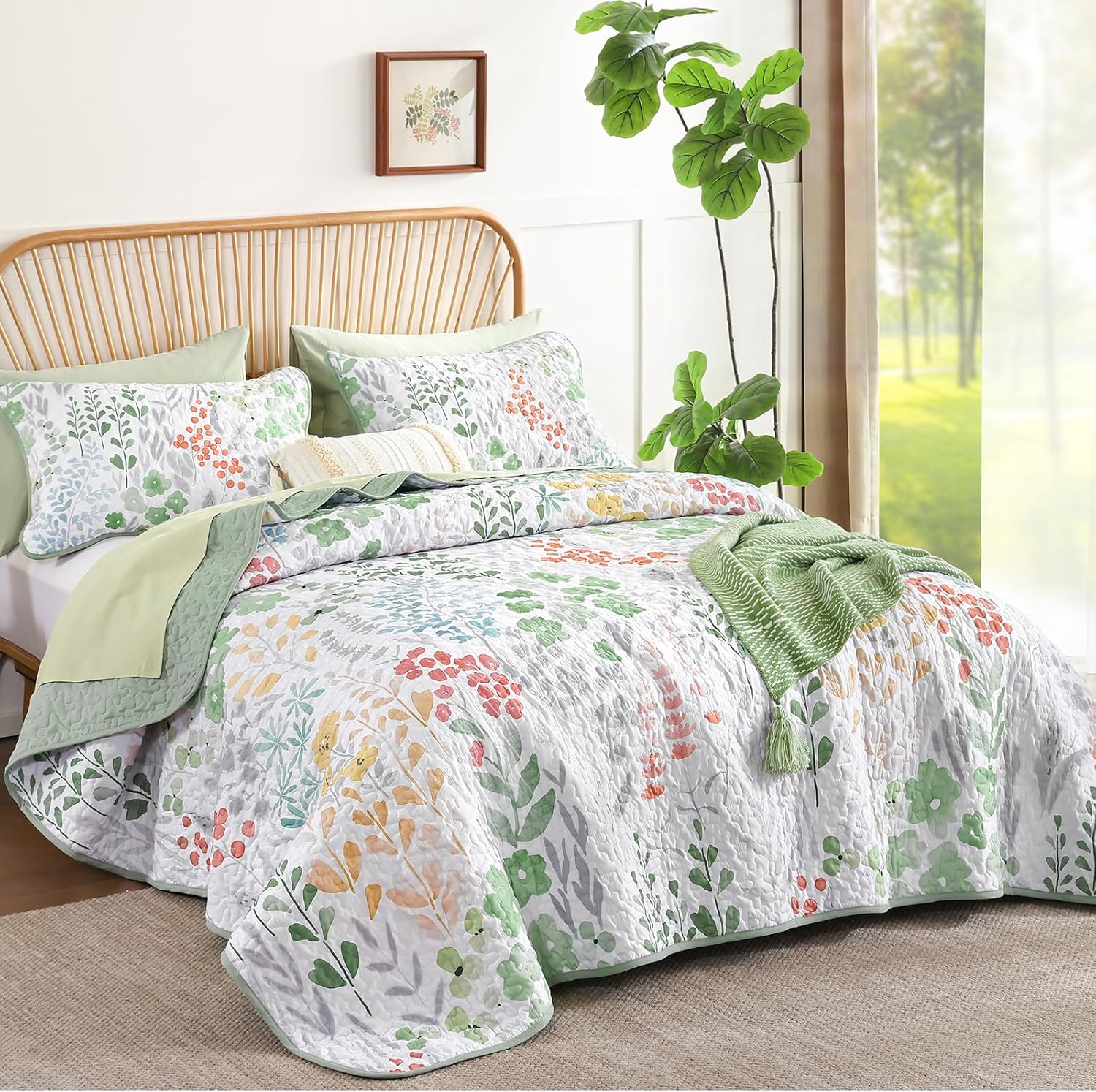 Sage Green Floral Quilt Set Queen 3 Pieces 1